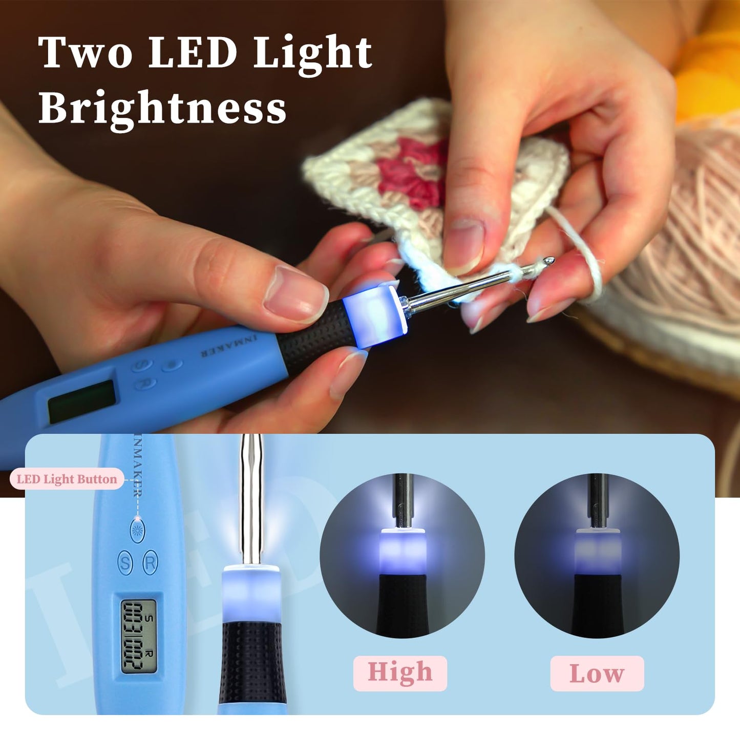 INMAKER Light up Crochet Hooks Ergonomic Soft Grip, Large Counting Crochet Hook Set Digital, Lighted Crochet Needles Kit with Case