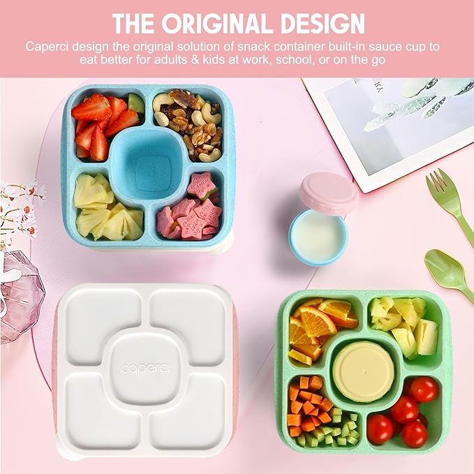 Caperci Original Lunchable Snack Containers for Kids & Adults - 5 Compartments Bento Snack Boxes with 4 Leakproof Small Containers, Wheat Straw, BPA-Free, Set of 4 (Vintage Colors)
