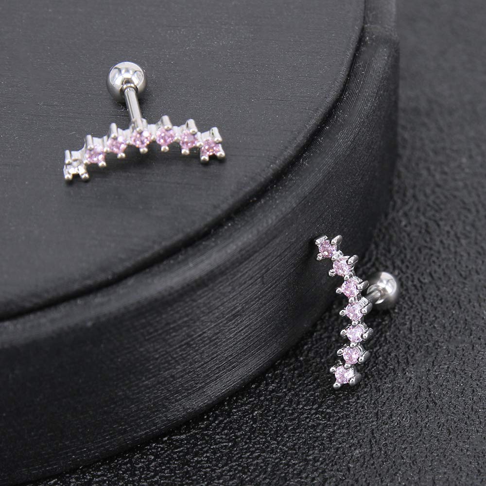 ZS Curve Seven Stud CZ Stud Earrings 316L Stainless Steel Ear Helix Conch Cartilage Piercing (Pink)