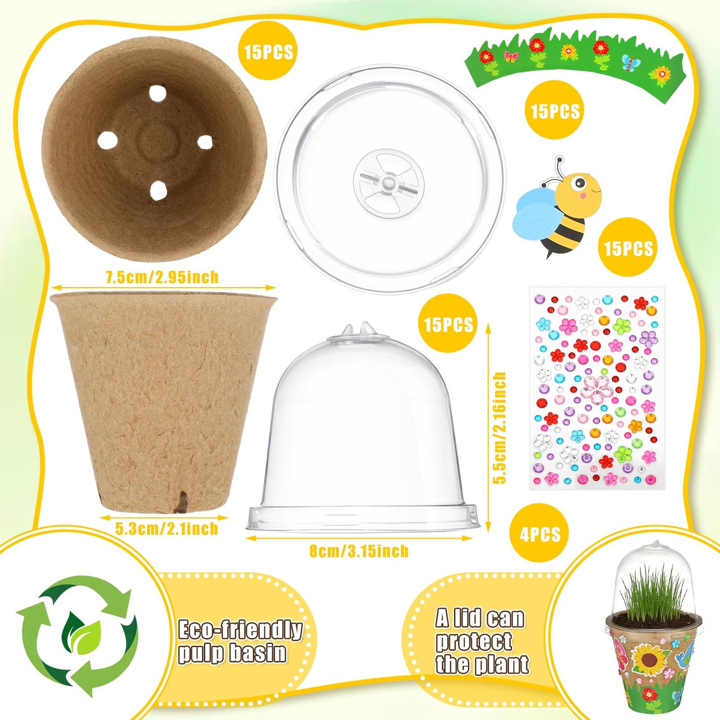 Motipuns 15 Set Summer Garden Paper Pot Craft Kit Include Plant Flower Peat Pots with Domes 4 Sheet Rhinestones Jewels Stickers and Adhesive Stickers Set for Spring DIY Craft