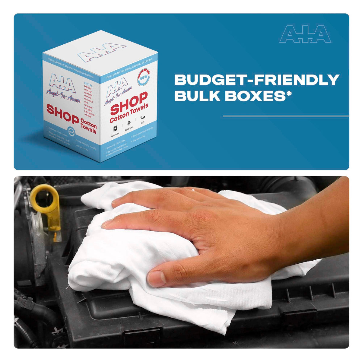 Angel-in-Armor Shop Towels (14”x14”) – 150 Unit Box of Lint-Free Cotton Shop Towel Cleaning Rags – Durable Shop Rags for Auto, Garage, Industrial, and Commercial Use (150 Count)