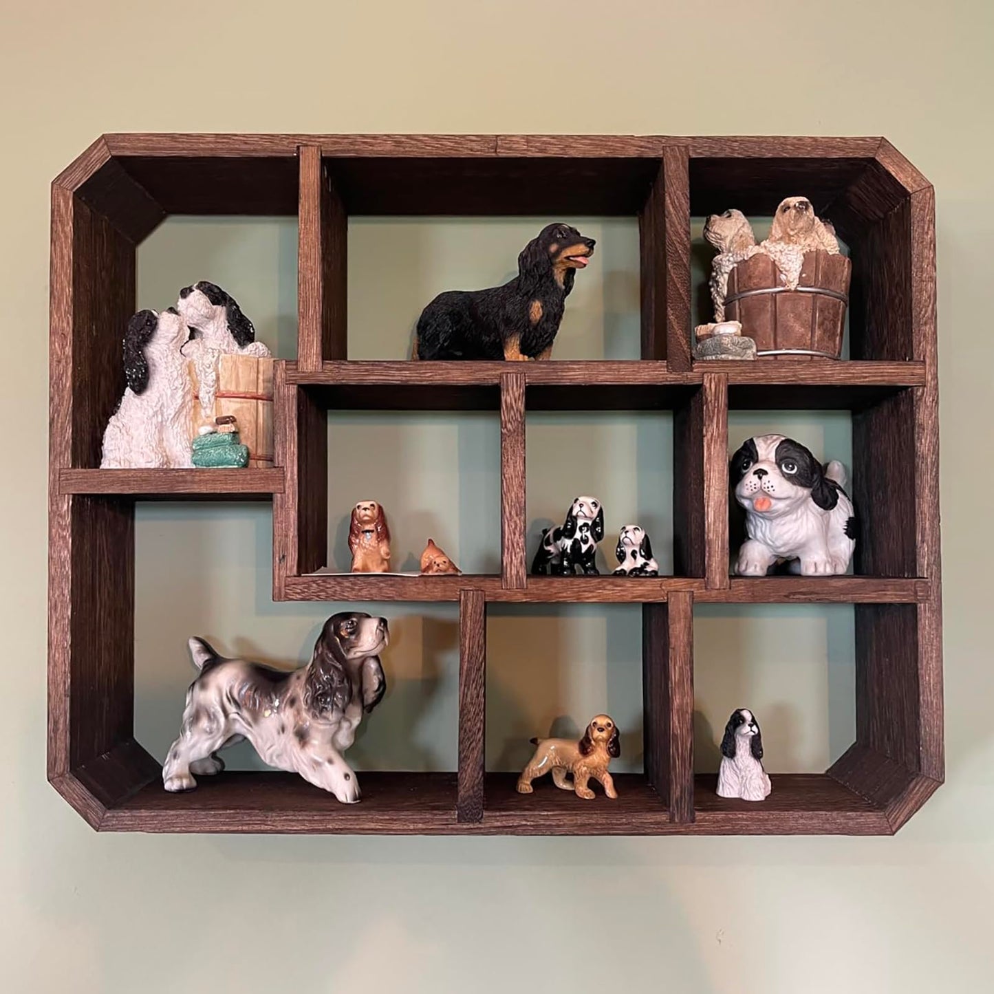Frcctre Rustic Shadow Box Display Shelf, 9 Compartments Wood Hanging Display Floating Shelves, Multi-Slot Wall Mounted or Freestanding Farmhouse Decor Displays Case