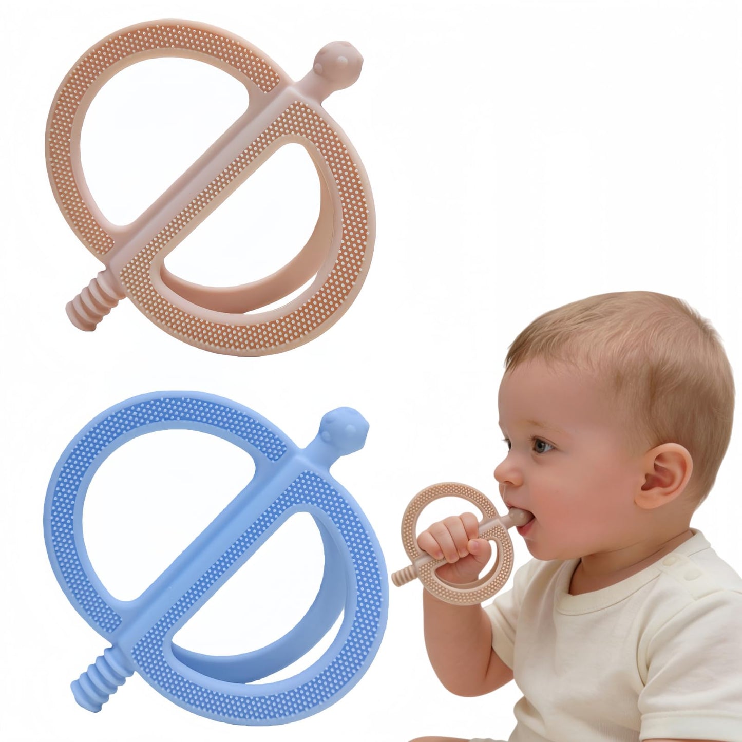 uwsic 2-Pack Baby Teething Toys, Food Grade BPA-Free Silicone Baby Teether for 3-18 Months, Ring-Shaped Teething Toy for Babies, Multi-Textured Choke-Proof Easy Grip Teether for Infants (Khaki&Blue)