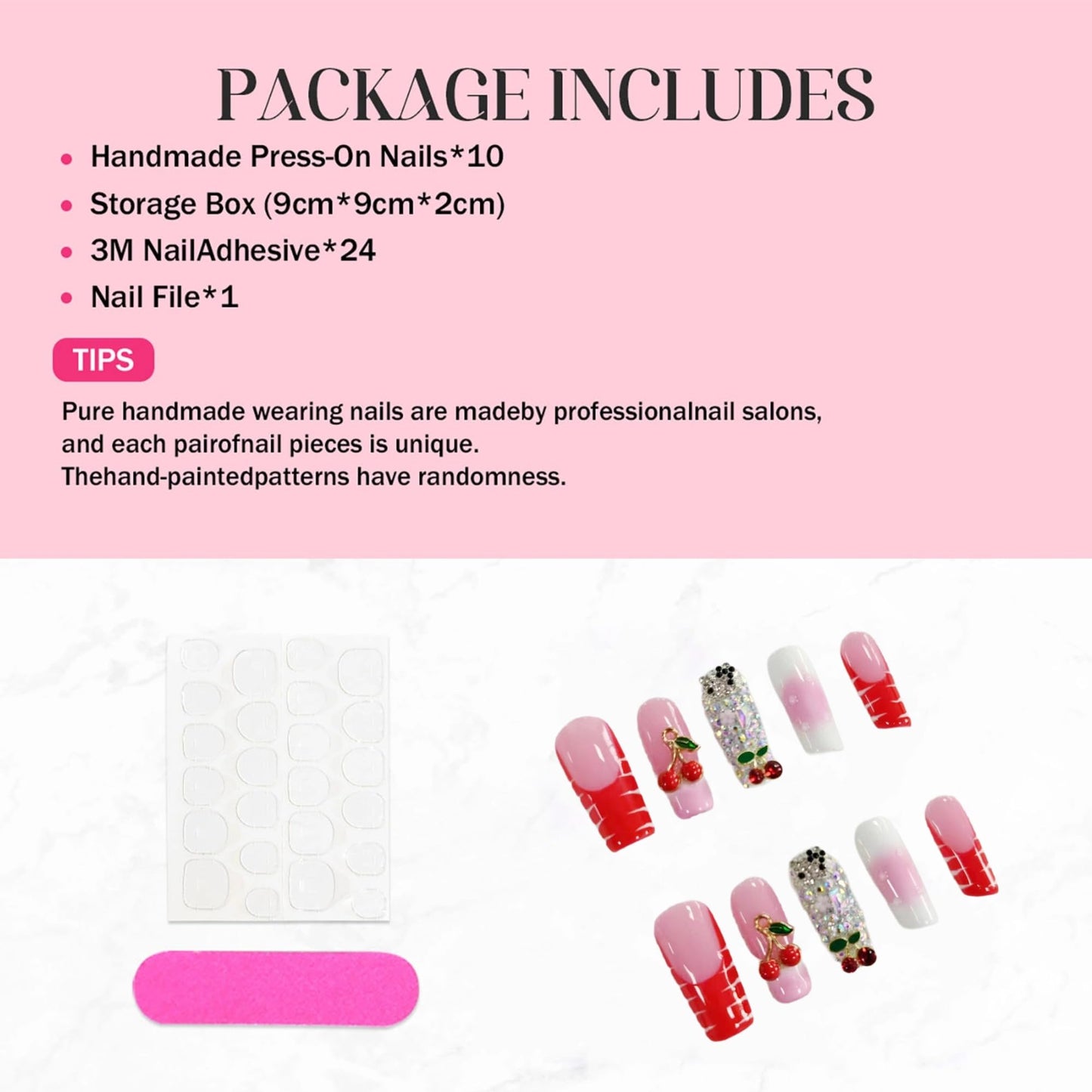 Handmade Red French Tip Press on Nails Long Square Fake Nails Pink Ombre Sparkly Acrylic Nails Press ons with 3D Cherry Rhinestones Designs False Nails Luxury Stick on Nail for Women 10Pcs (Size M)