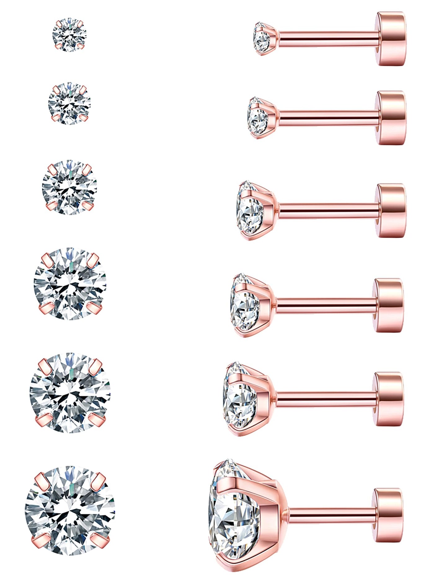6 Pairs Hypoallergenic Cubic Zirconia Earrings Surgical Steel Flat Back Studs for Cartilage, Screw Back Fashion Jewelry