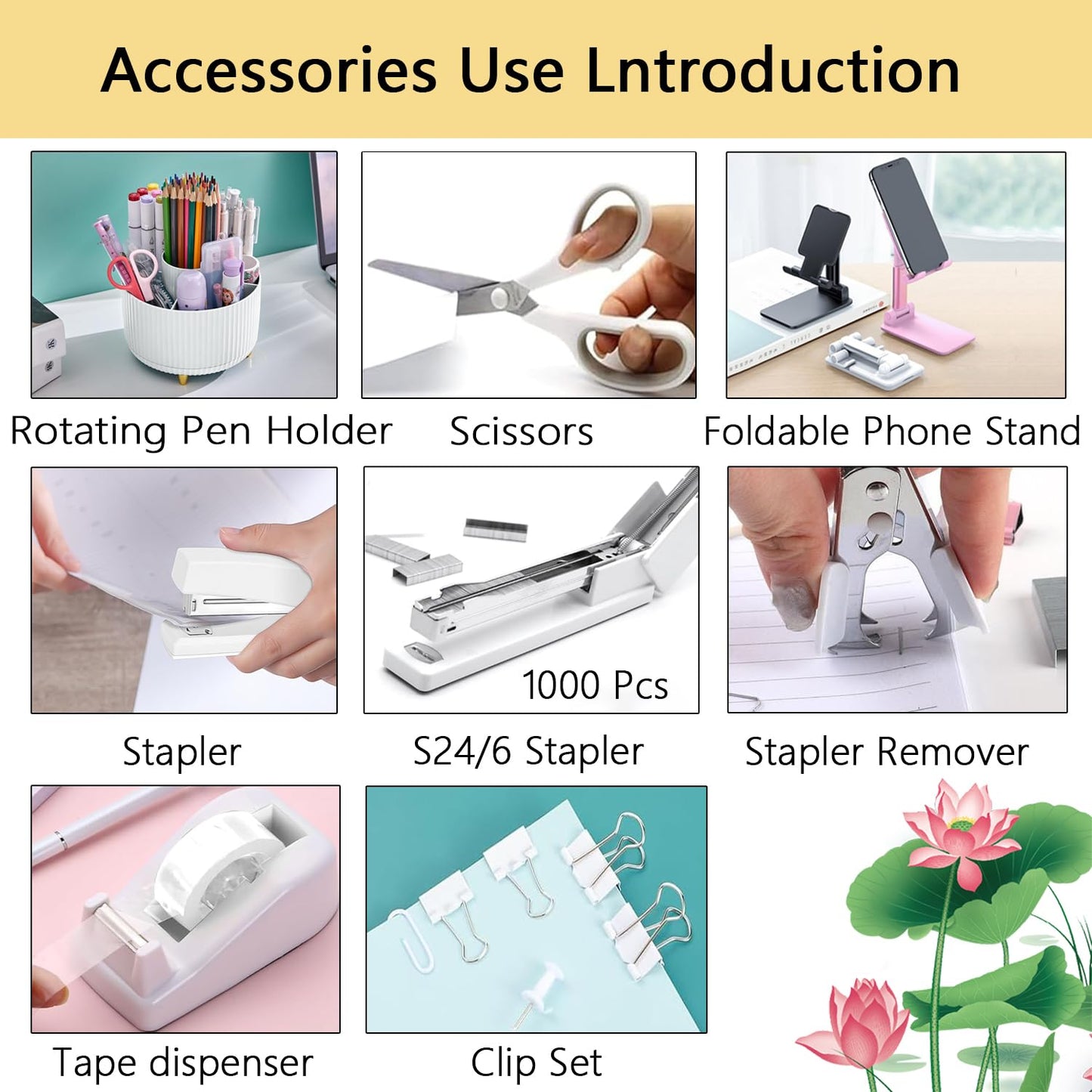 Office Supplies,Desk Accessories,Desk Organizer,Stapler,Tape Dispenser,Folding Phone Holder,Scissors,Notebook,Staple Remover,Staples,Clear Tape,Sticky Notes,Paper Clips,Bookmark,Pen,Pen pals Ect.27pcs