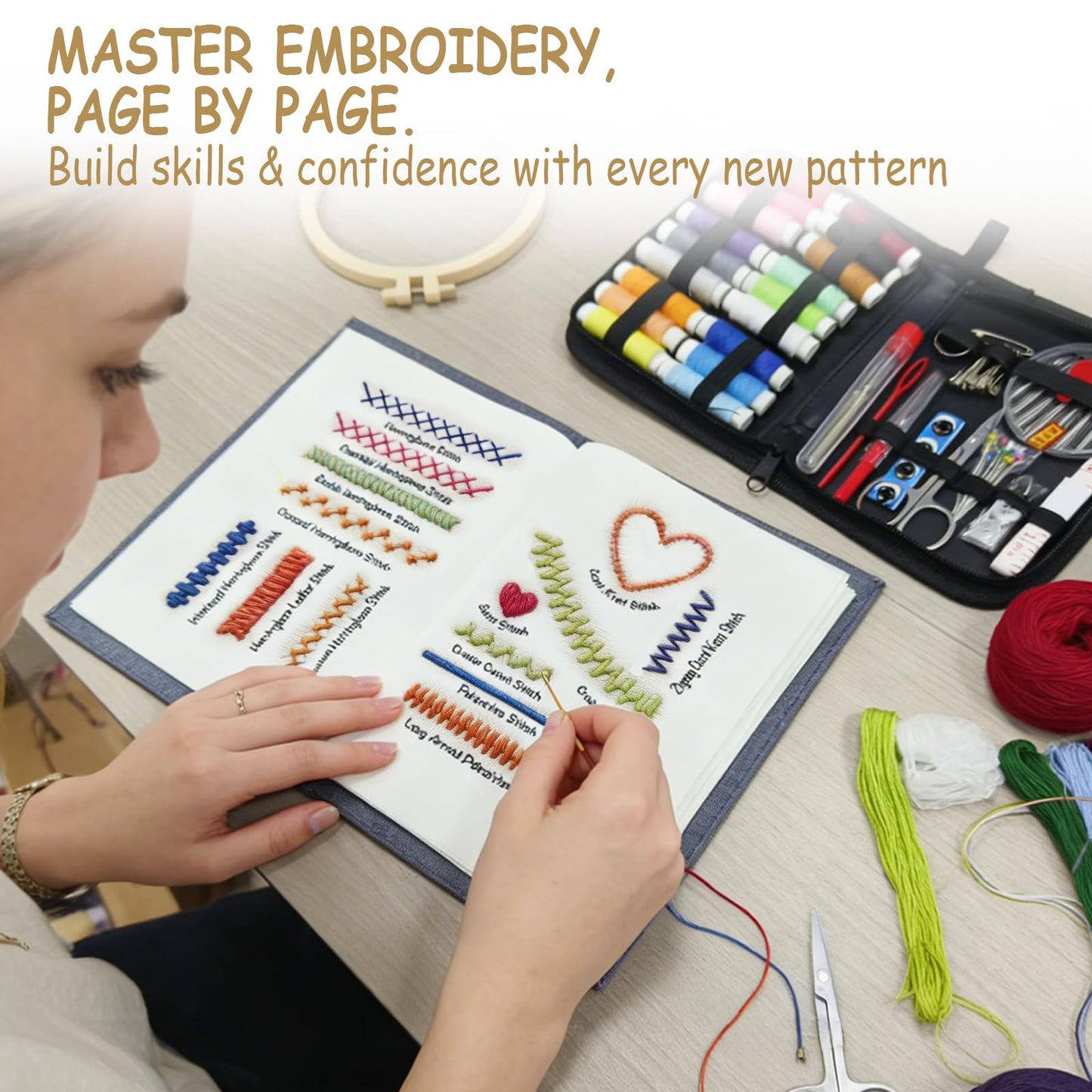 Embroidery Stitch Book Kit for Adults & DIY Craft Enthusiasts, Portable Embroidery Kit for Beginners, Includes Guide to 106 Patterns with Tools & Tutorials and 86-Piece Sewing Tool Set (1 Kit)