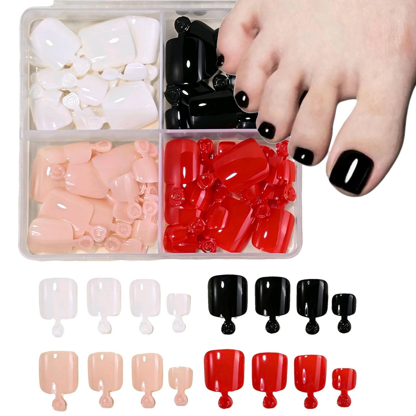 96Pcs Press on Toe Nials Short Square Fake Toe Nails White Black Pink Red Acrylic Glue on ToeNails Reusable Glossy Full Cover Stick on Tornails for Women and Gils Manicure