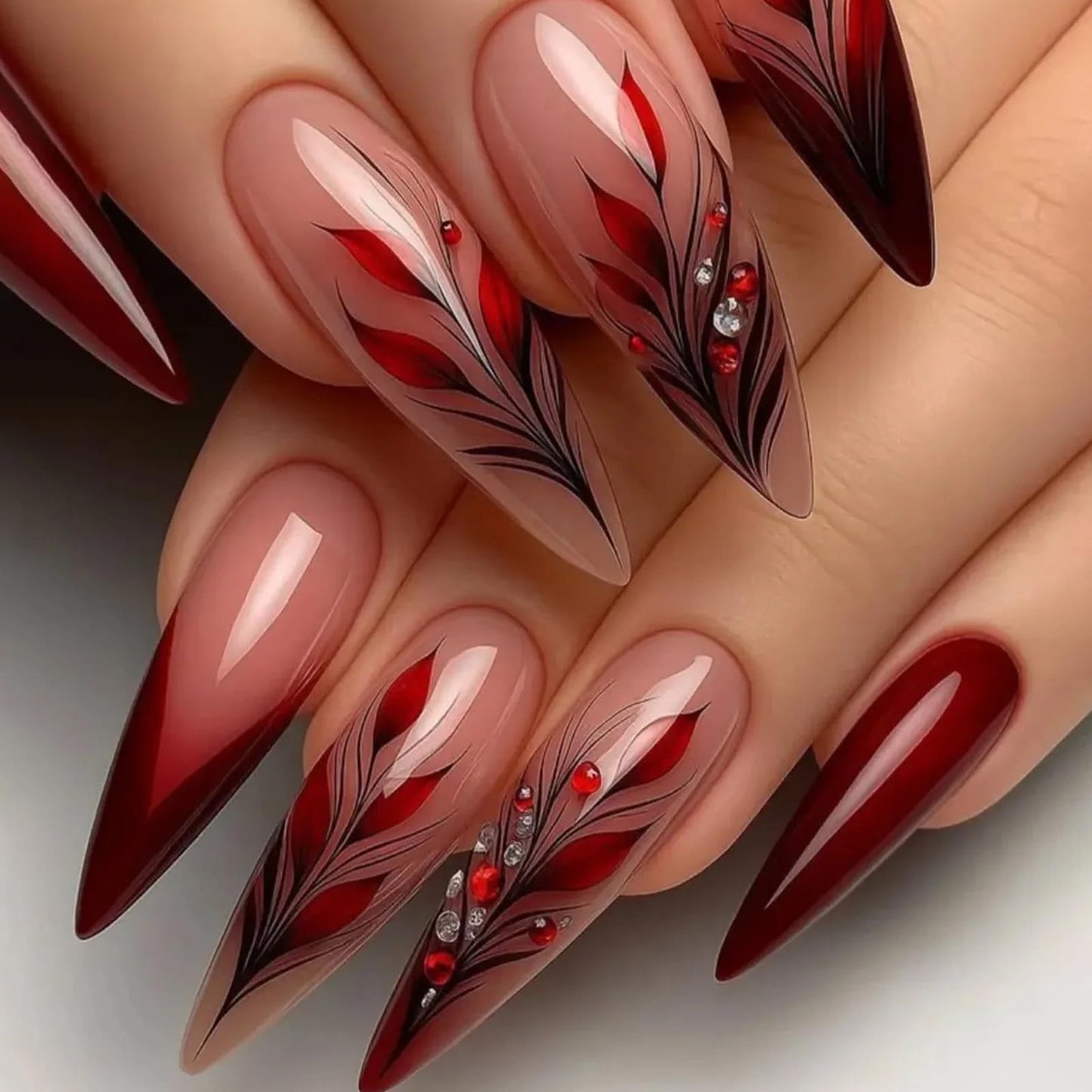 MISUD Press on Nails - Long Stiletto Fake Nails with Burgundy, Acrylic Leaf Rhinestone Design 24 pcs