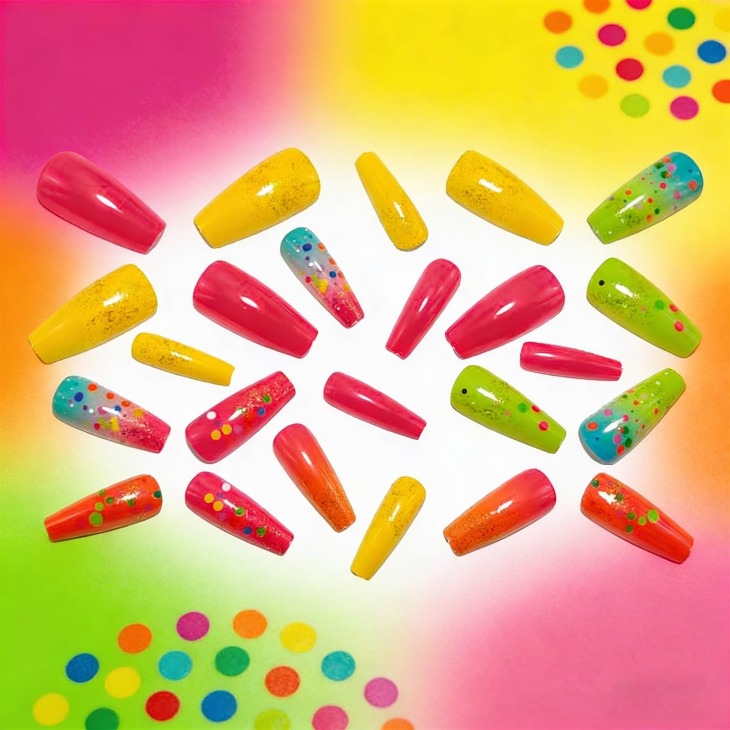 Summer Press on Nails Medium Coffin Fake Nails Gradient Colorful Polka Dot Press on False Nails Rainbow Glossy Full Cover Stick on Nail Reusable Artificial Glue on Nail for Women 24Pcs