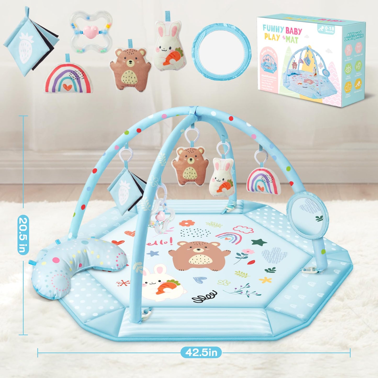 Baby Gym Play Mat, 8-in-1 Tummy Time Mat & Ball Pit with 6 Toys, Washable Baby Activity Mat for Visual, Hearing, Sensory, Motor Development, Baby Gift for Newborn Infant 0-3-6-9-12 Months (Blue)