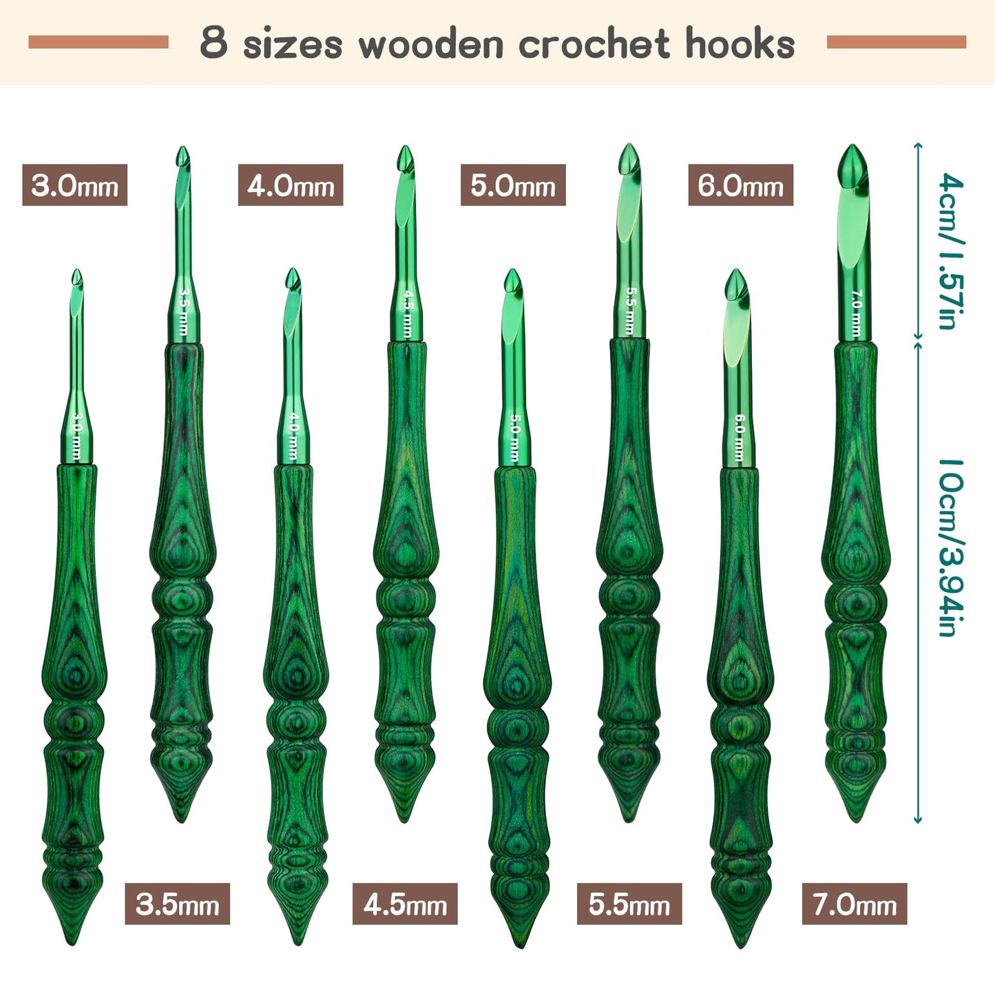 BALDCC Wooden Crochet Hooks 8 Sizes, Ergonomic Crochet Hooks Set for Arthritic Hands 3mm-7mm, Aluminum Crochet Hook Hand Polished Handle with Storage Bag for Crocheting and Knitting (Green Bag)
