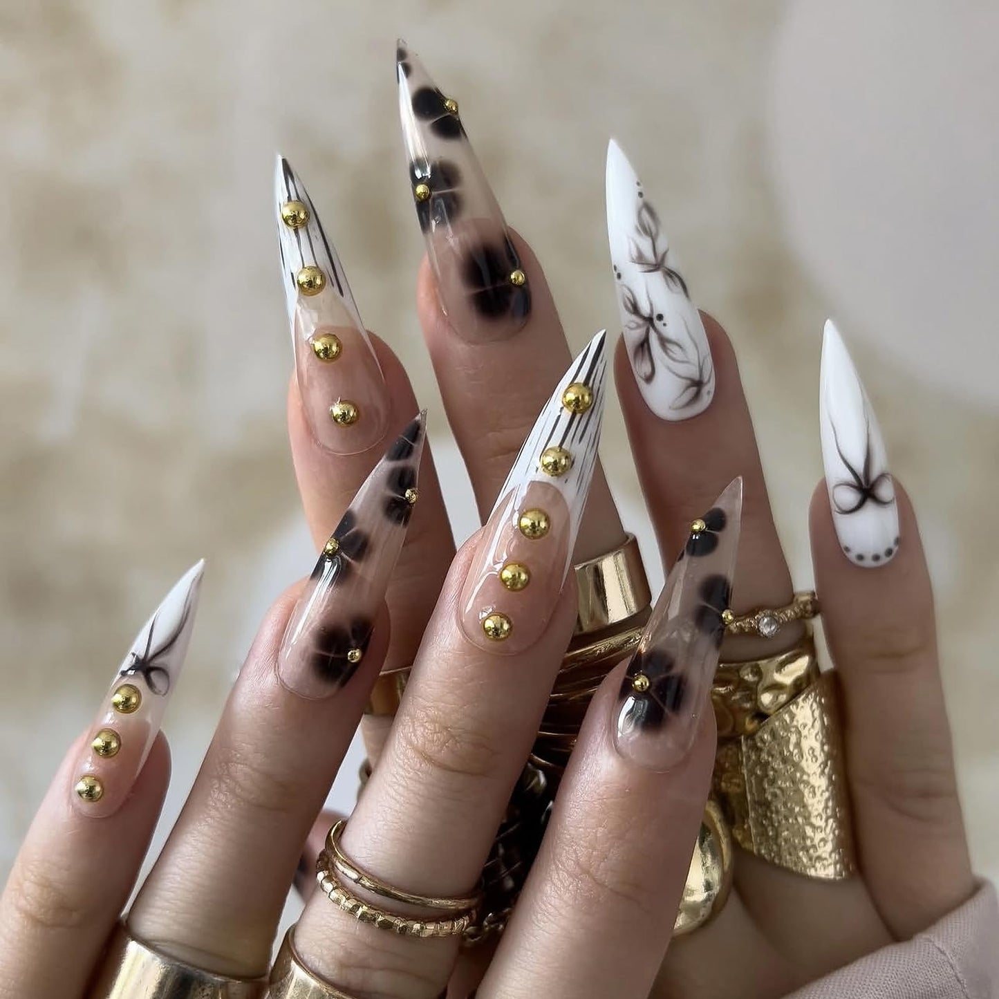 MISUD Press on Nails - Long Stiletto Fake Nails with Black White, Acrylic Handmade Gold Bead Design 24 pcs