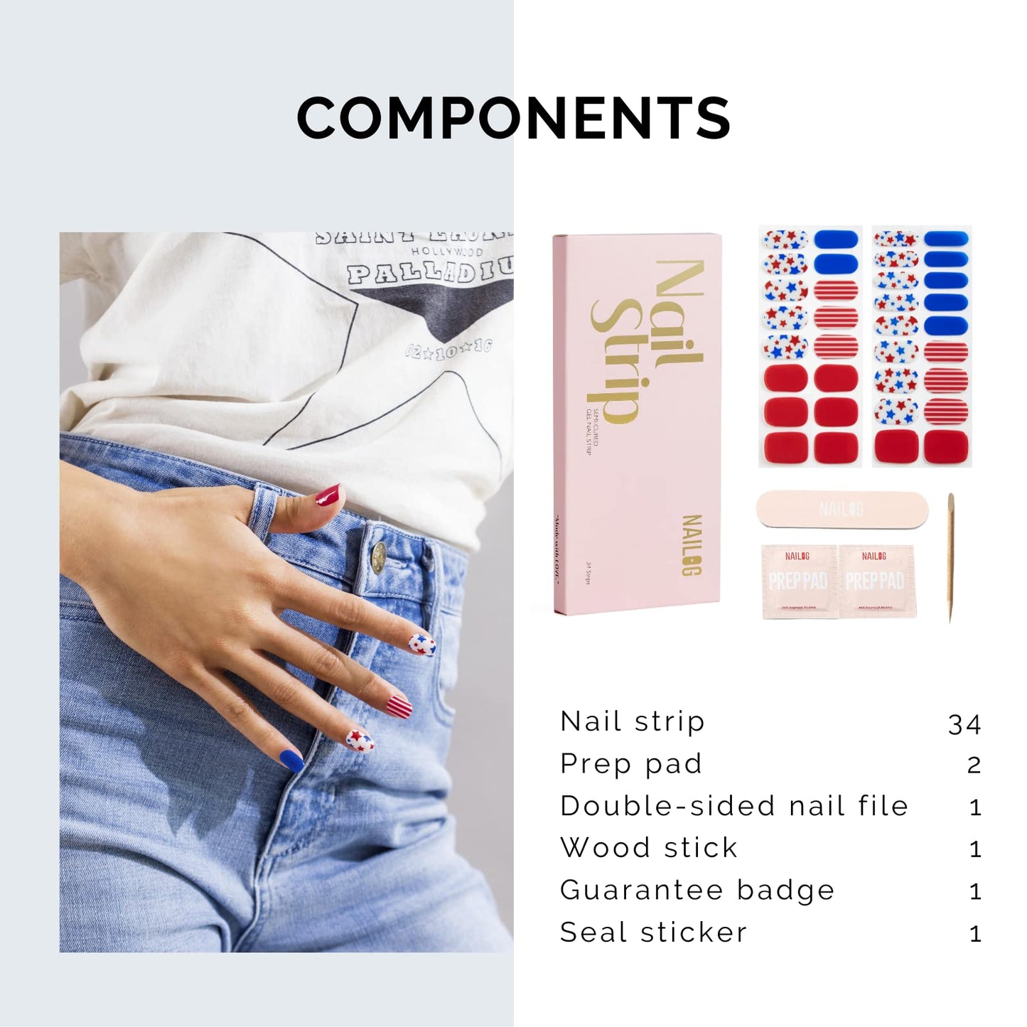 Nailog Semi Cured Gel Nail Strips 34 pcs| Long Lasting Nail Polish Sticker Wraps with Glossy Gel Finish | Salute