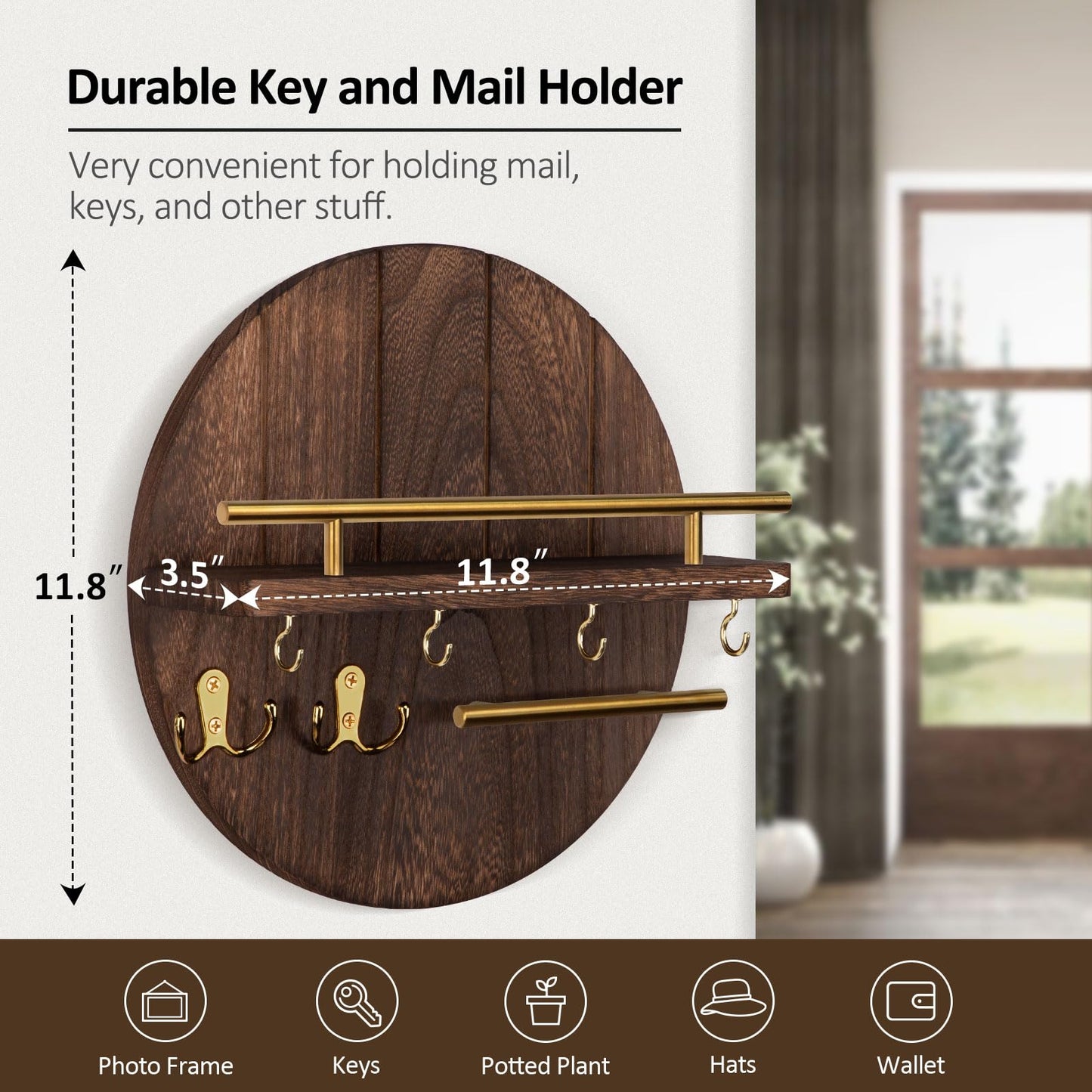 Nekon Key Holder Wall Mount, 11.8 Inch Rack With Shelf and 6 Hooks, Rustic Mail Organizer, Circular Wooden Hanger for Entryway Hallway Kitchen (Brown&Gold)