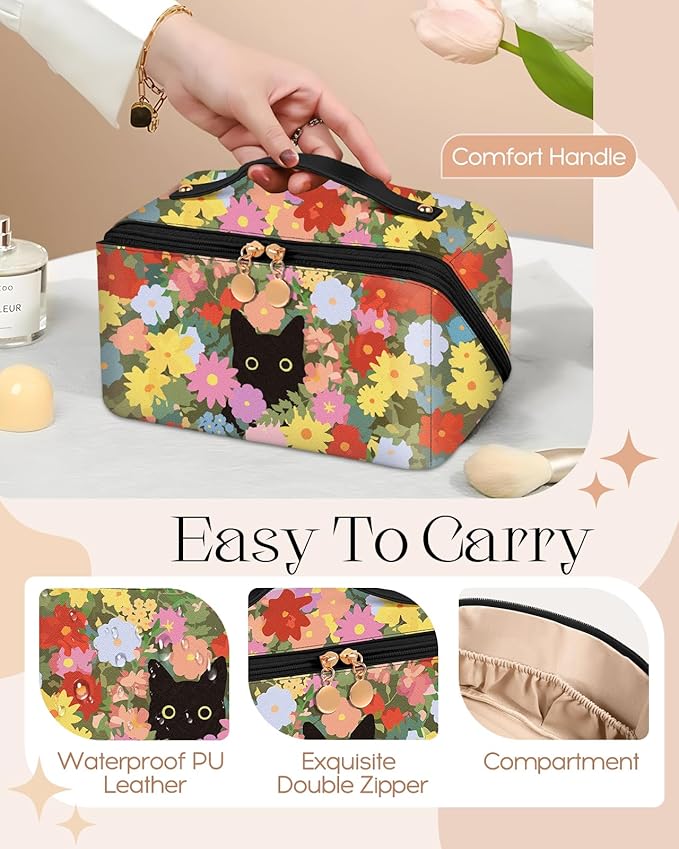 Bistup Makeup Bag Travel Cosmetic Bag Toiletry Make Up Bags Cute Women Large Capacity Big Medium Leather Cat Flower Aesthetic Girl Teen Teenage Foldable Expandable Open Flat Zip
