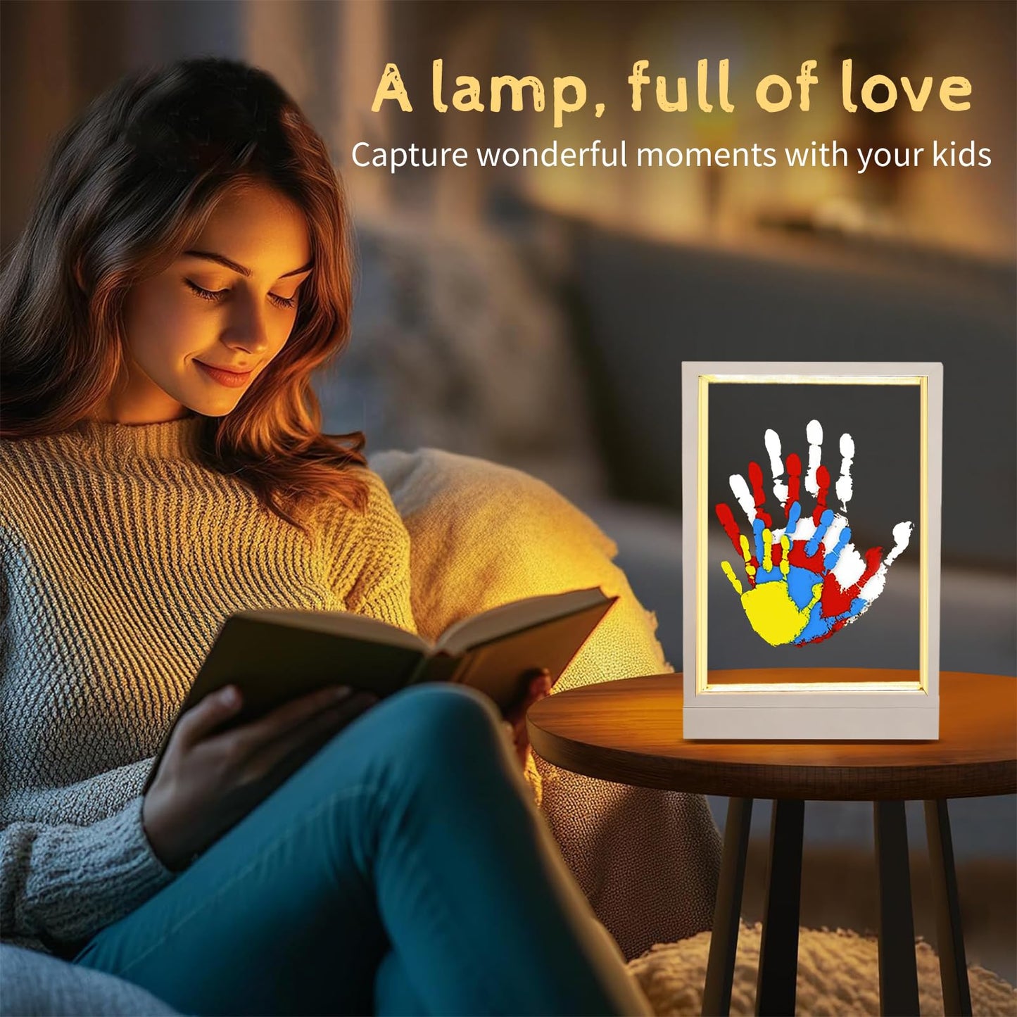 CHERRY CHEERS Family Handprint Kit with Light, Handprint Keepsake Frame, Wooden Led Light, Easy Install, No Need Screw etc, Non-Toxic Paints (White)