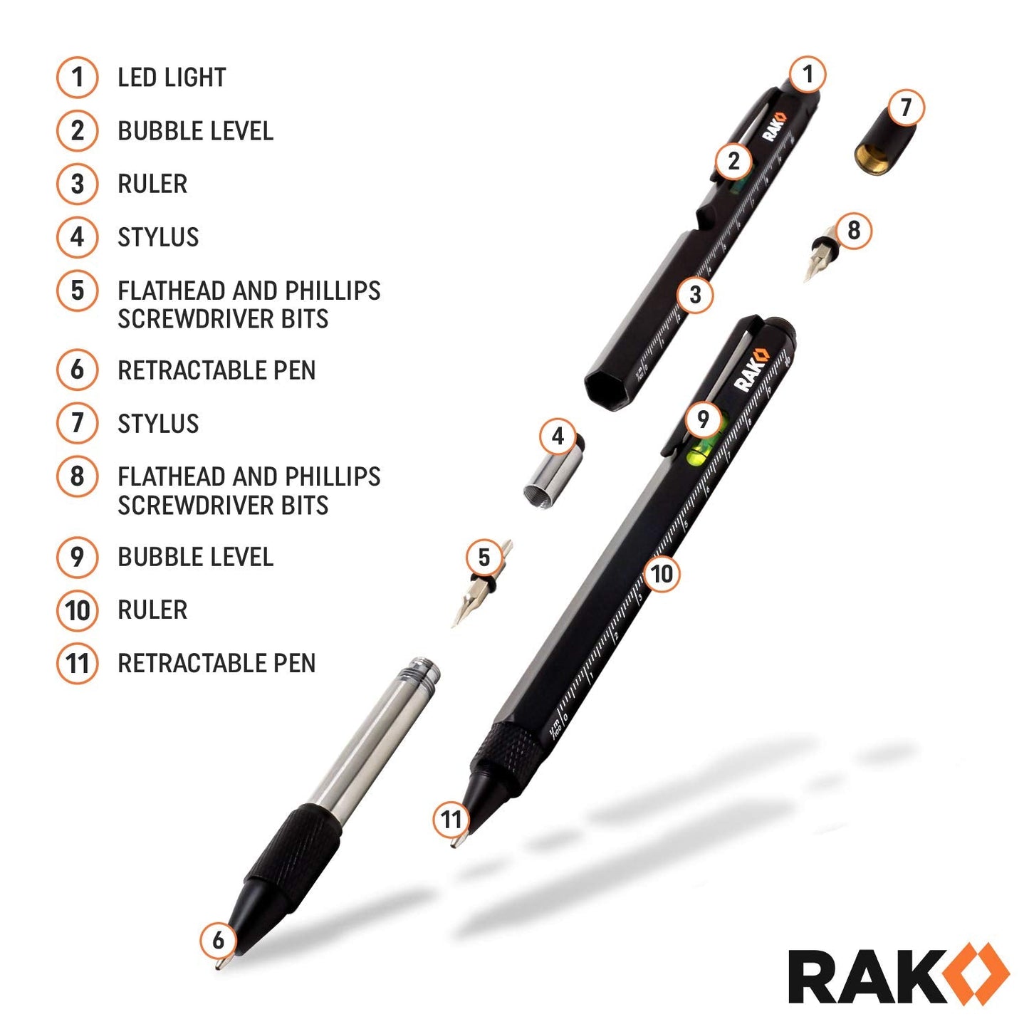 RAK Multitool Pen - Multi-Tool Pen Set 11 in 1, LED Light, Screwdrivers, Level, Ruler, Bottle Opener, and Stylus. Cool Gadgets Gifts for Men, Dad, EDC Tactical Pen Tool, Gift-Ready Box, Pack of 2