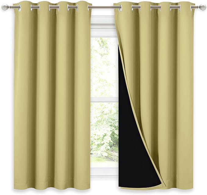 NICETOWN 100% Blackout Curtains with Black Liners, Thermal Insulated Full Blackout 2-Layer Lined Drapes, Noise Cancellation Window Drapes for Dining Room (Paler Yellow, 2 Panels, 52" W by 54" L)