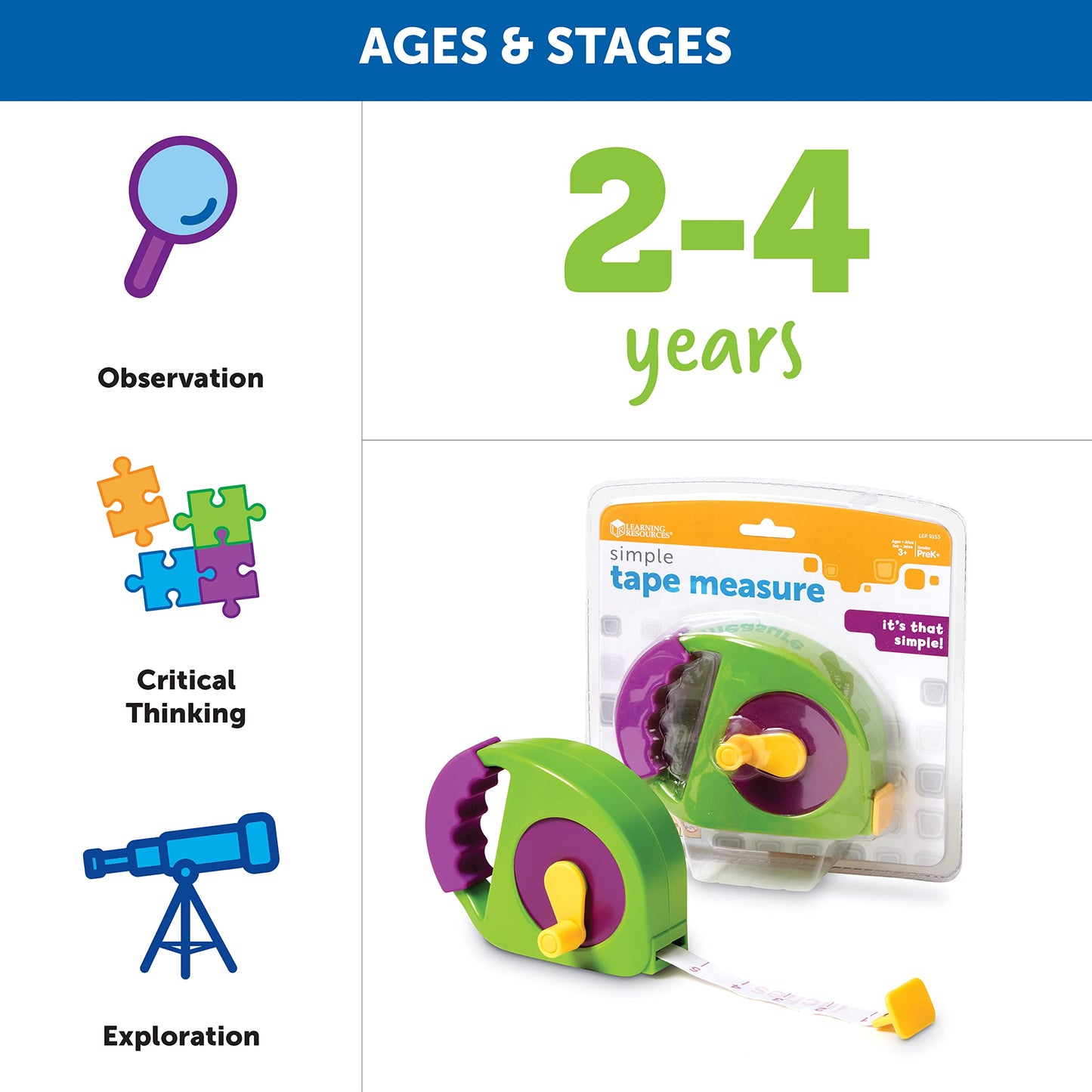 Learning Resources Simple Tape Measure - Kids Construction Toys, Preschool Activities, Pretend Play for Toddlers , Height Measurement Counting Tool, Fine Motor Skills, Homeschool