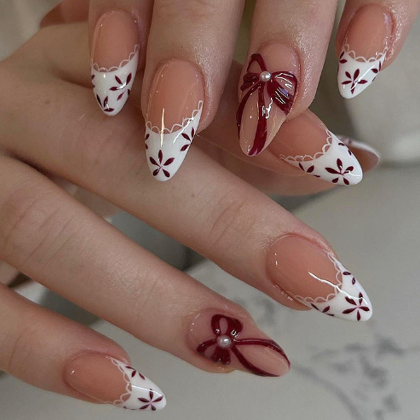 Hkanlre Ballet Press on Nails Almond Full Cover False Nails Red Bow Fake French Nails Medium for Women 24PCS