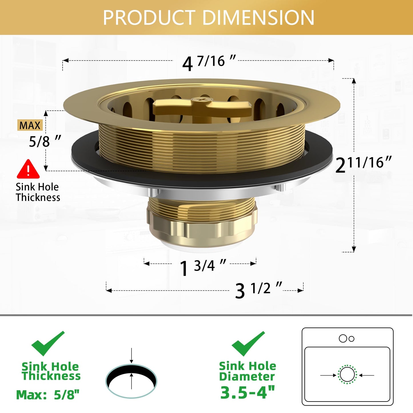 Exakey Gold Sink Drain Strainer 3-1/2 Inch Kitchen Sink Drain Assembly Kit with Stainless Steel Strainer Basket and Drain Stopper for Standard Kitchen Sink Brushed Gold