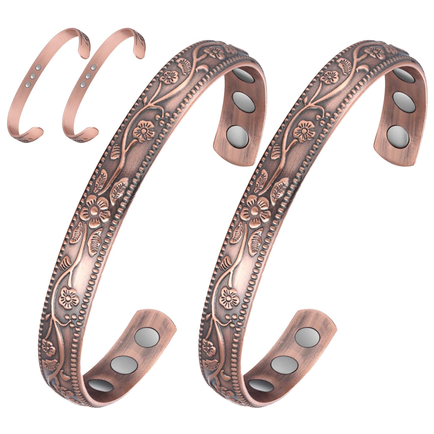 Feraco Copper Bracelet for Women, 11X Ultra Strength Magnetic Bracelets, 99.99% Pure Copper Cuff Bangle with 3500 Gauss Neodymium Magnets, Adjustable, Vintage Flower Collection (Set of 2)