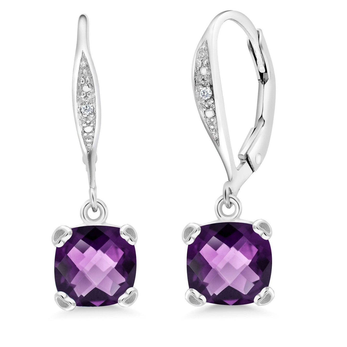 Gem Stone King Drop Dangle Earrings For Women | 7MM Cushion Cut Gemstone Birthstone and Diamond | 925 Sterling Silver | Jewelry Gift for Mom Wife Her | Amethyst-Checkerboard-February | Sterling Silver
