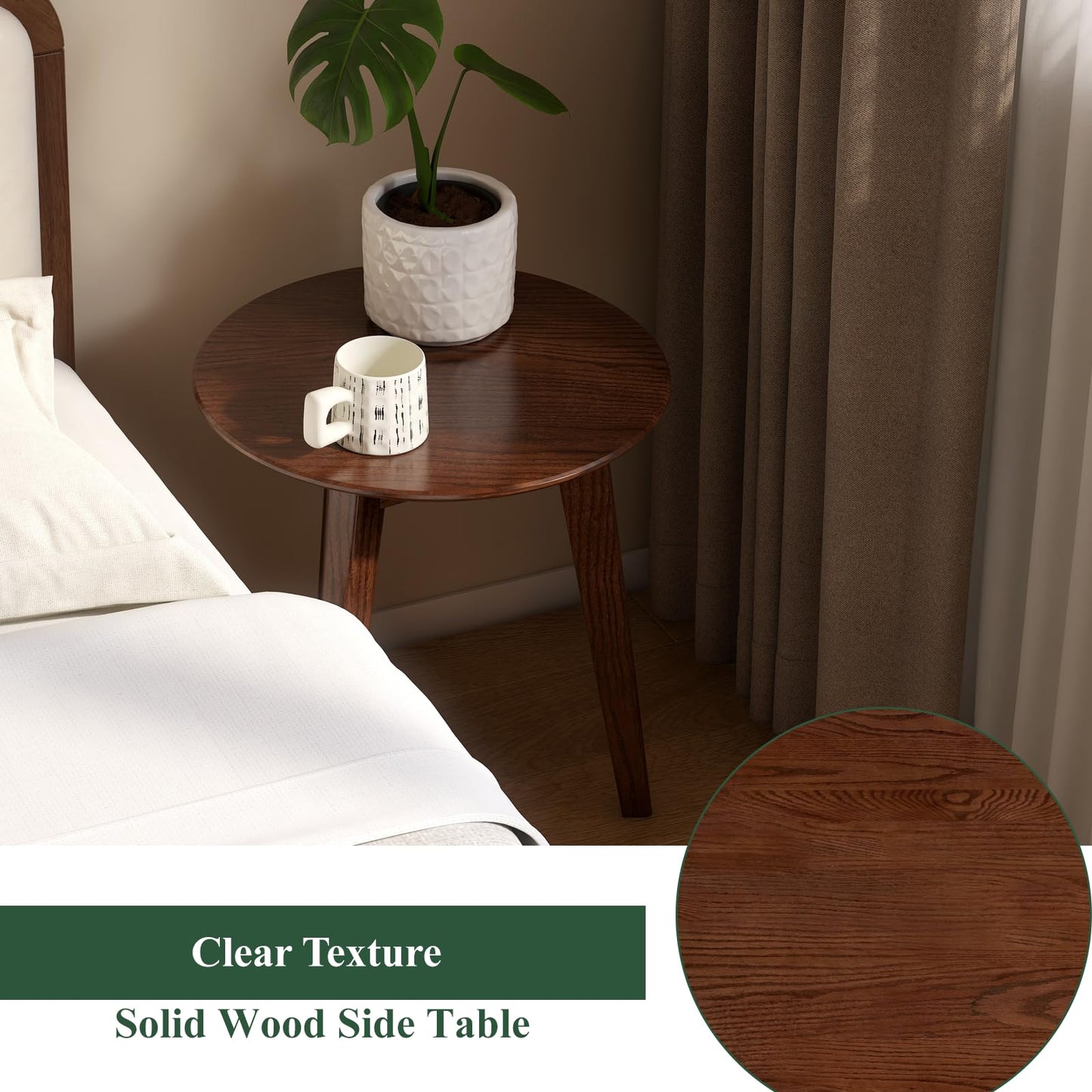 Vadisun 100% Solid Oak Round Side Table, Small Table w/Stable Frame, Round End Table, Small Side Table for Living Room, Bedroom, Couch(Walnut, 17.71" D x 19.68" H)