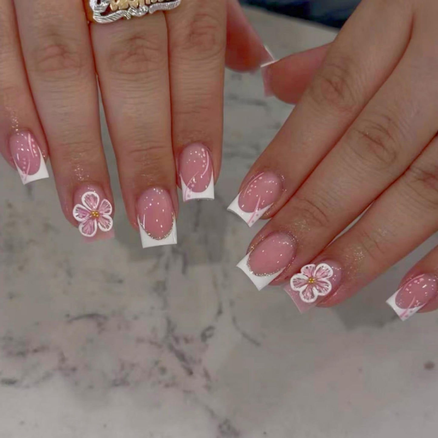 Medium Press on Nails Square Fake Nails Nude Pink French Artificial Nail 3D Flower Gold Glitter Stick on Nail for Women 24pcs