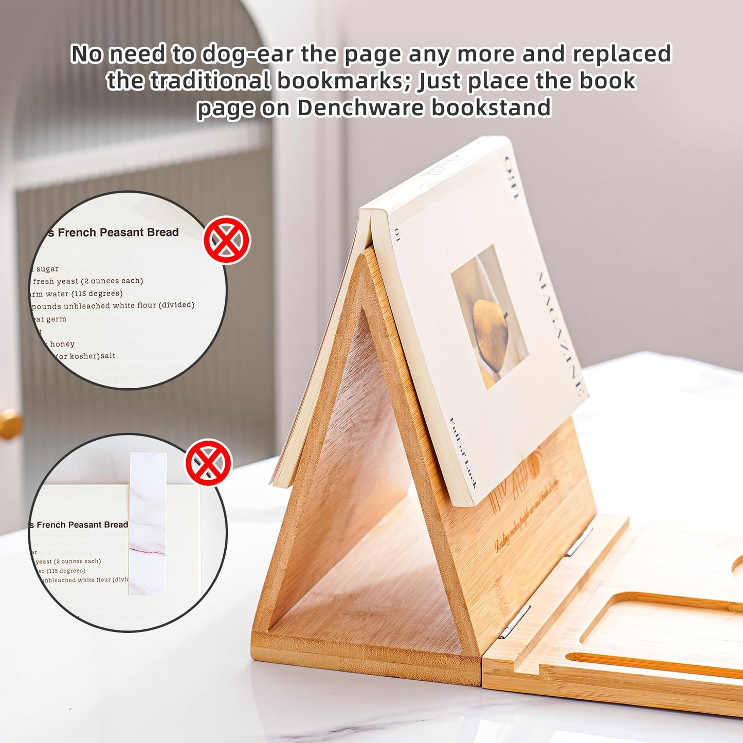Denchware Foldable Book Rest,Triangle Book Holder,Bamboo Book Nook Reading Valet,Book Stand with Glasses,Pen,Cup and Phone Holder,Gifts for Book Lovers
