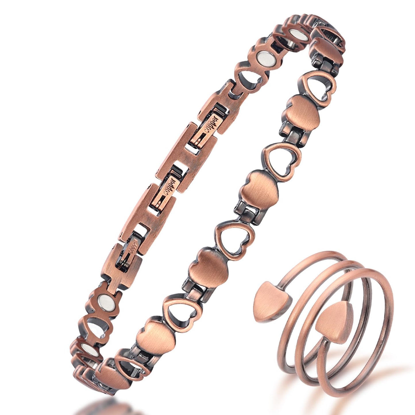 MagEnergy Copper Bracelet for Women, 99.99% Pure Solid Copper Bracelet with 3500 Gauss Magnetic, Adjustable, Jewelry Gift (Copper-Heart+Ring/A)