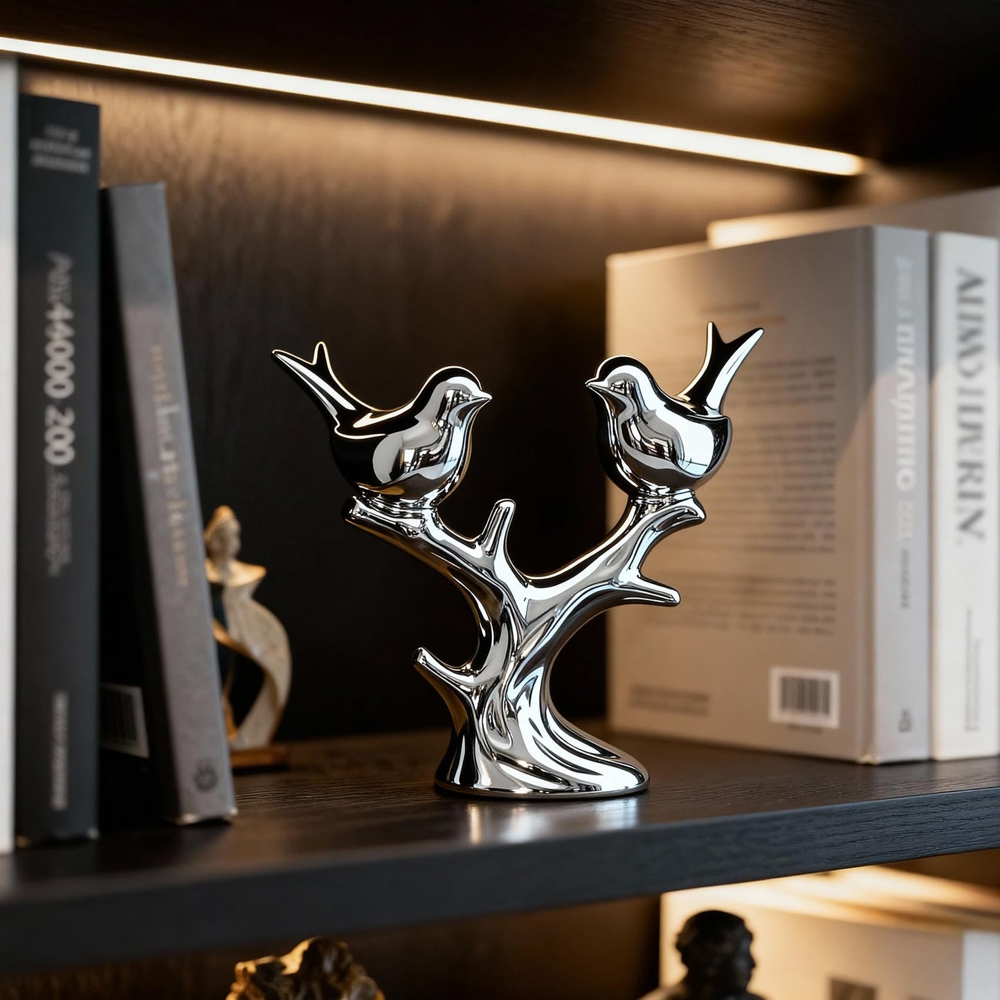 Jubiluxor Silver Ceramic Bird Statue, Mirror Chrome Finish, Two Lovebirds on Branch, 7-Inch Mantel & Bookshelf Decor, Modern Home Sculpture, Housewarming Wedding