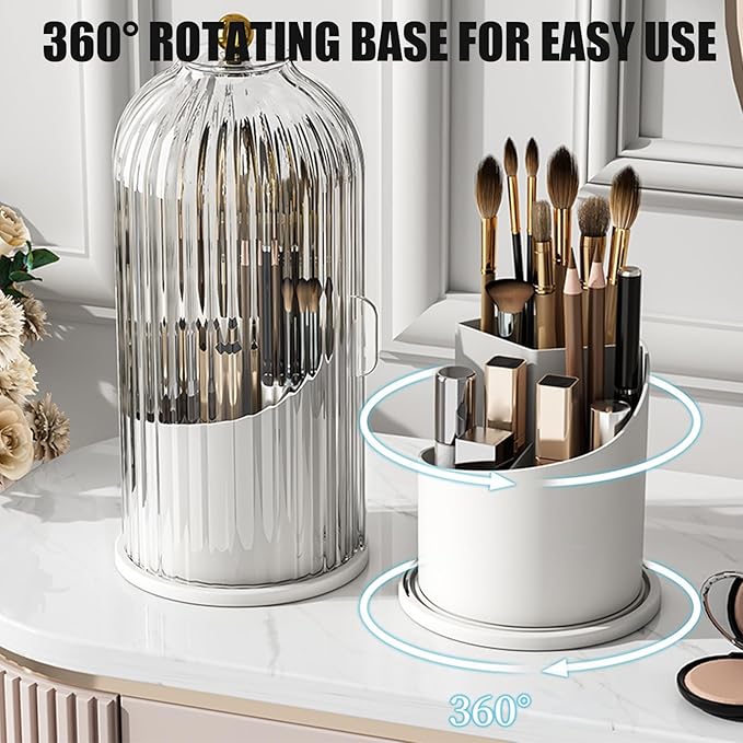 Concealed Toothbrush Holder, Rotating Bathroom Organizer Countertop, Toothbrush Holders with Cover, Bathroom Counter Organizer with Covered Makeup Brush Holder (1pcs White)