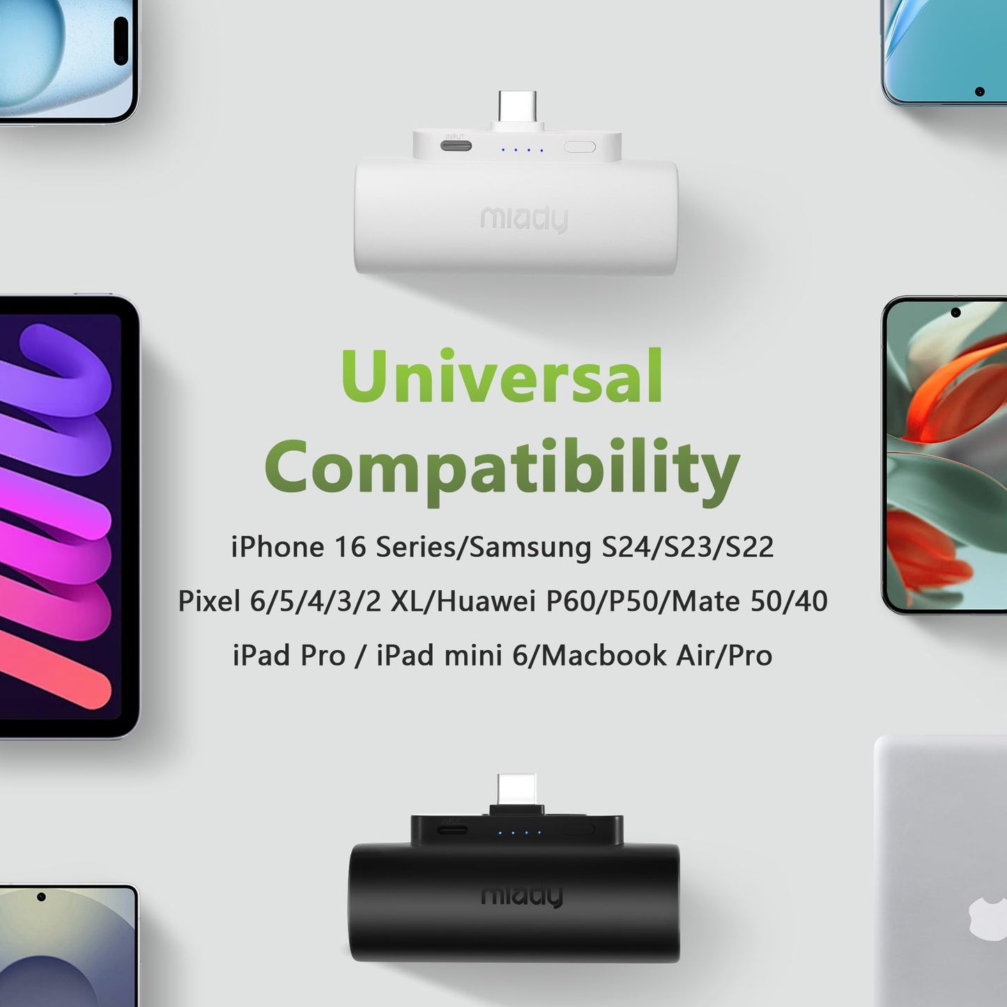 Miady 2-Pack 5000mAh Mini Portable Charger with Built-in Type C Connector, 5V 2.4A USB-C Output Fast Charging Small Power Bank, Compact Battery Pack Compatible with iPhone 17/16/15 Galaxy S24/S22 iPad