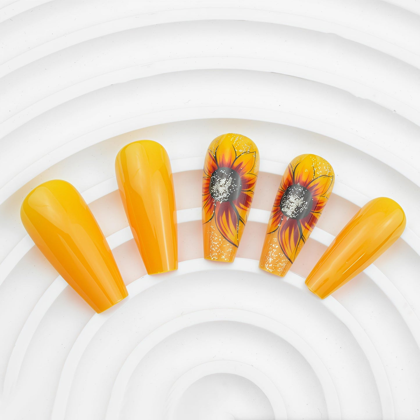 Glitter Yellow Flower Press on Nails Medium Coffin Fake Nails Flower False Nails with Sunflower Designs Glossy Stick on Artificial Nails Spring Summer Acrylic Nail Decorations for Women 24 pcs