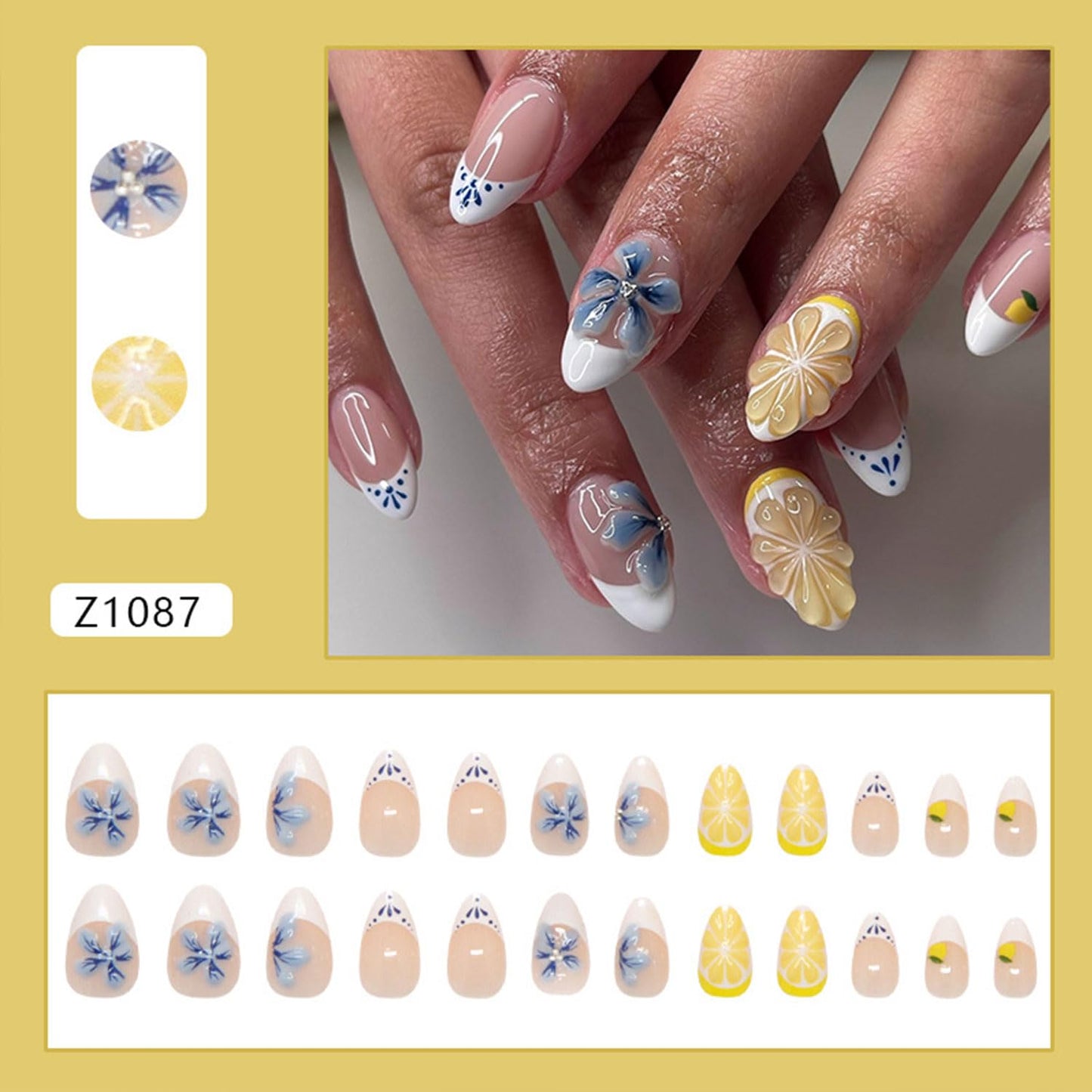 24 Pcs Almond Press on Nails Short Glossy Acrylic Fake Nails French False Nails with Cute 3D Fruit Flowers Design Nail Press ons Reusable Stick on Nails for Women
