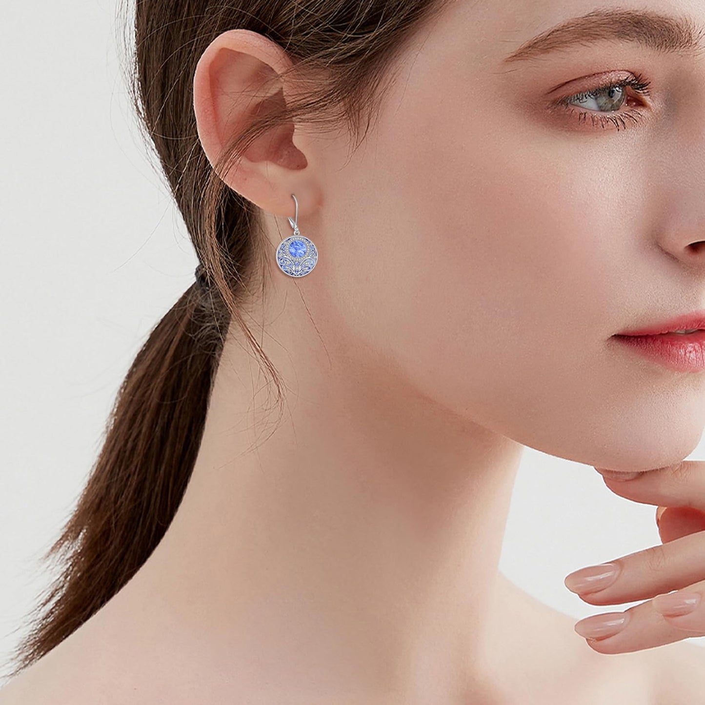 Blue Natural Stone Leverback Dangle Earrings Sterling Silver Filigree Endless Circle Drop Earrings Jewelry Gifts For Women
