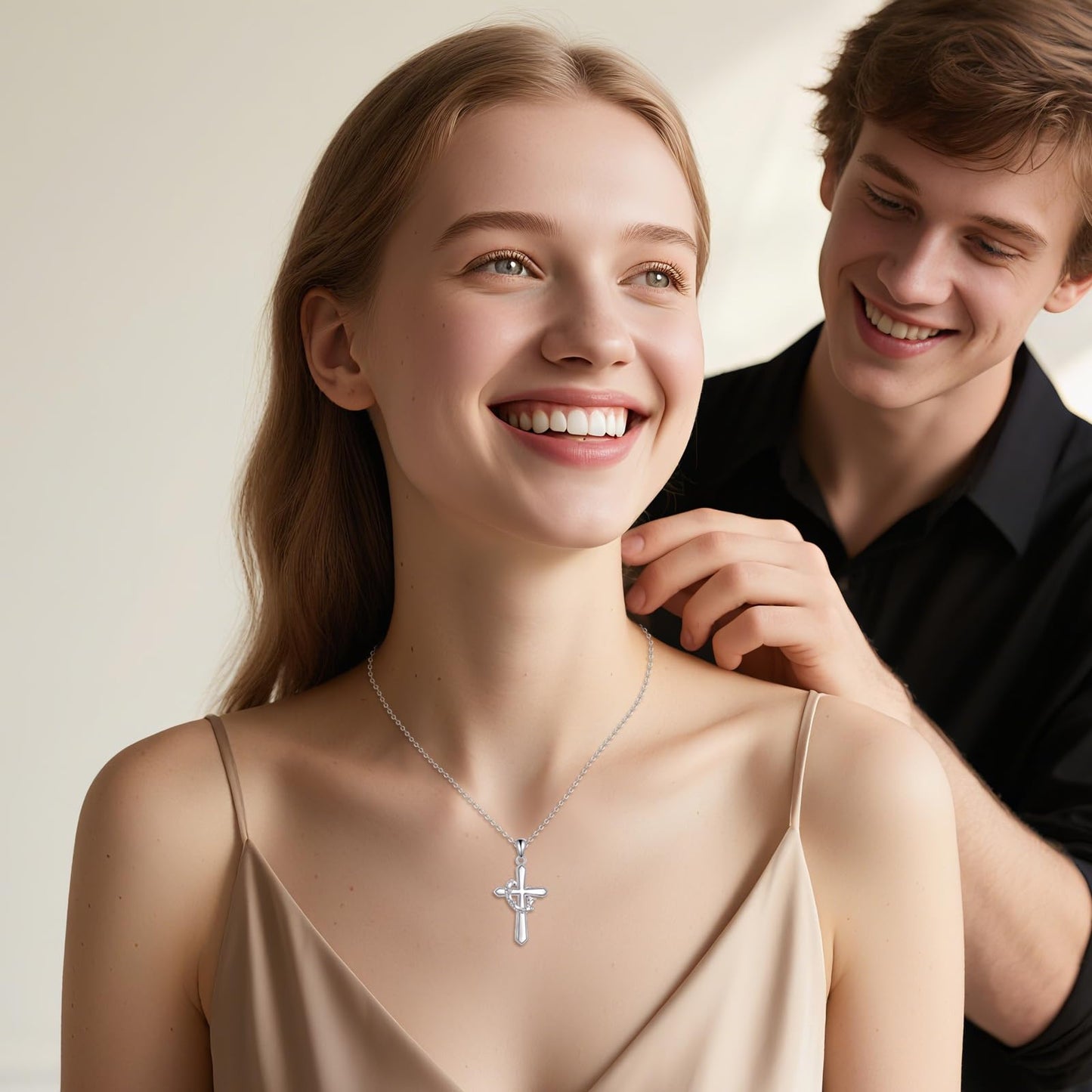 VONALA 925 Sterling Silver Crown Cross Necklace Baptism Religious Pendant Jewelry First Communion Day Gift for Women
