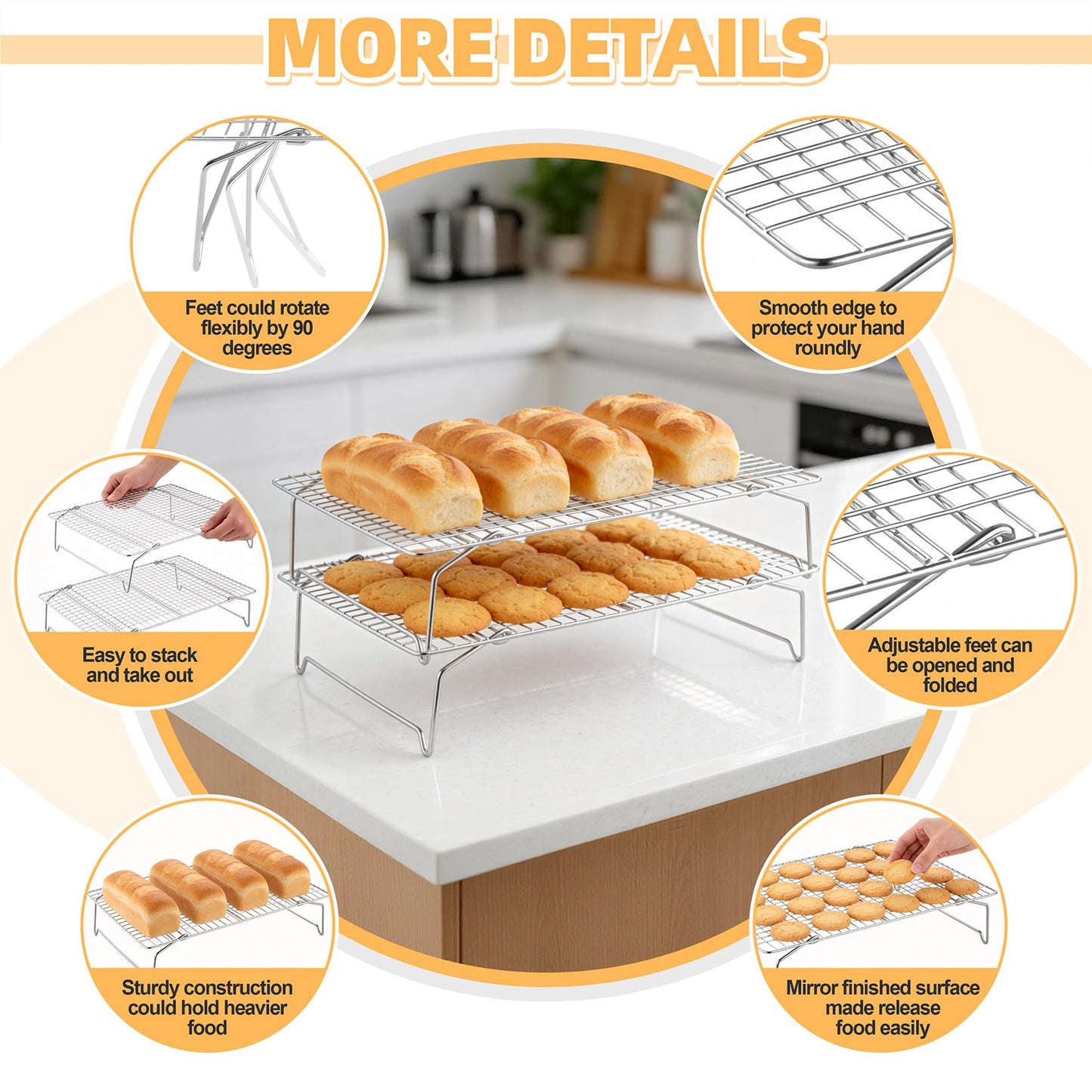 P&P CHEF Cooling & Baking Rack, 4-Tier Stainless Steel Stackable Grid Cooking Racks for Cooling Roasting Grilling, Collapsible & Heavy Duty, Oven & Dishwasher Safe, 15" x 10"