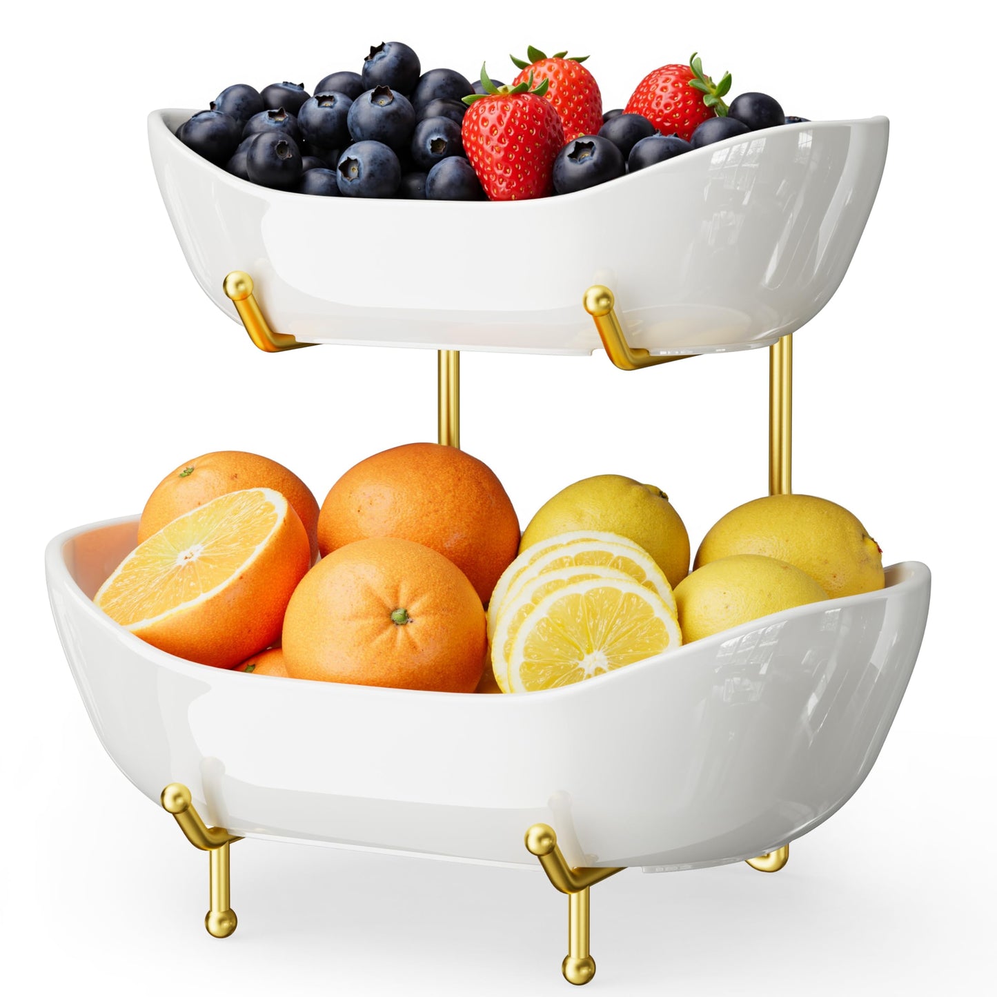 Josmimic 2 Tier Ceramic Fruit Bowl for Kitchen Counter – Fruit Basket with Gold Metal Stand, Holder for Snacks, Nuts, Cakes, Desserts, Bread, Candy Storage