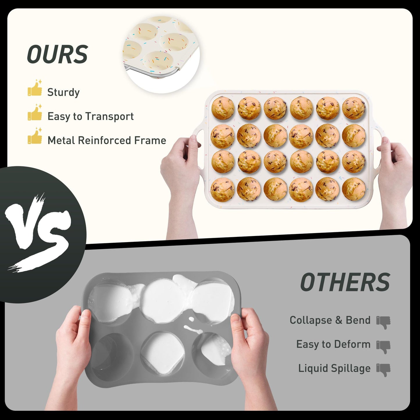 2 Packs 24 Cups Silicone Muffin Pan with Metal Reinforced Frame Mini Size Cupcake Pan Tray Egg Bites Silicone Circle Cookie Molds Muffin Tin Tart Pans Baking Sheet Set for Breakfast Sandwiches