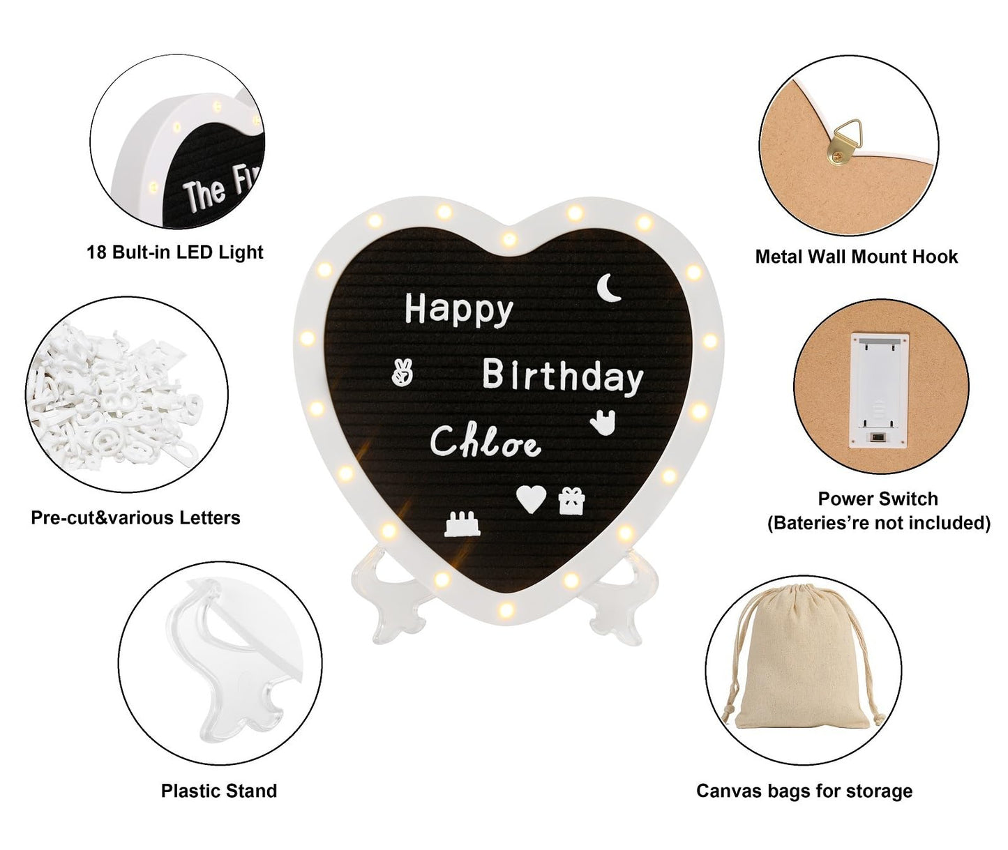 G GAMIT Heart-Shaped Felt Letter Board with Built-in LED Lights,10x10 Light-up Message Board with 663 Pre-Cut Letters,Cursive letters for Valentine’s Day Birthday Party,Pregnancy Announcement,Wedding