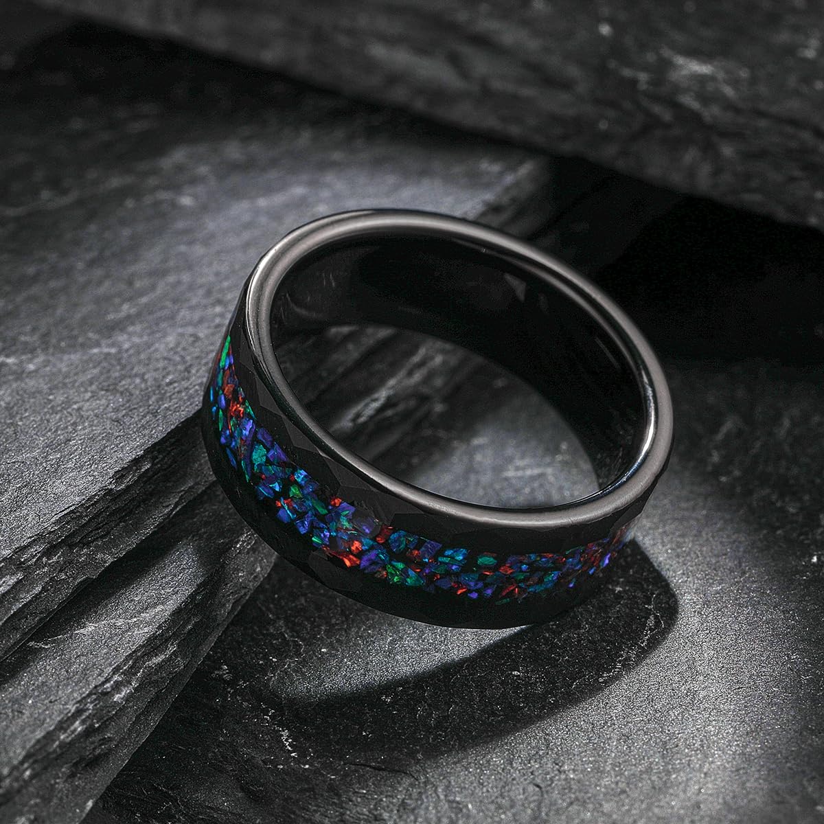 NUNCAD Men's Tungsten Ring Galaxy Inlay Black Hammered Finish Ideal for Engagement Promise Wedding Band 8mm Sizes 9