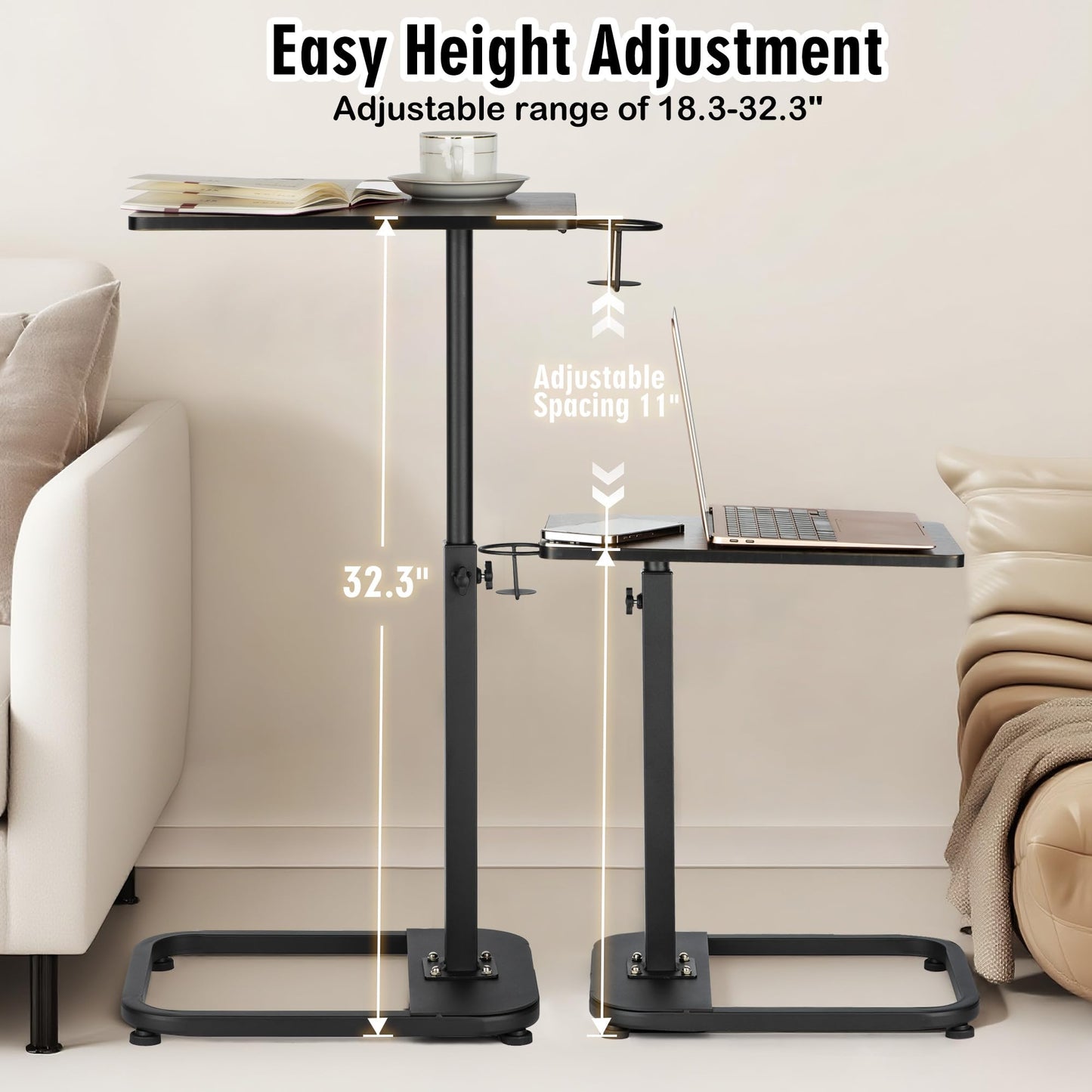 facka Adjustable TV Tray Table with Rounded Metal Corners, C-Shaped Snack Table for Couch, Sofa, Bed or Chair, Small Space Side Table for Eating, Dinner, or Laptop Use