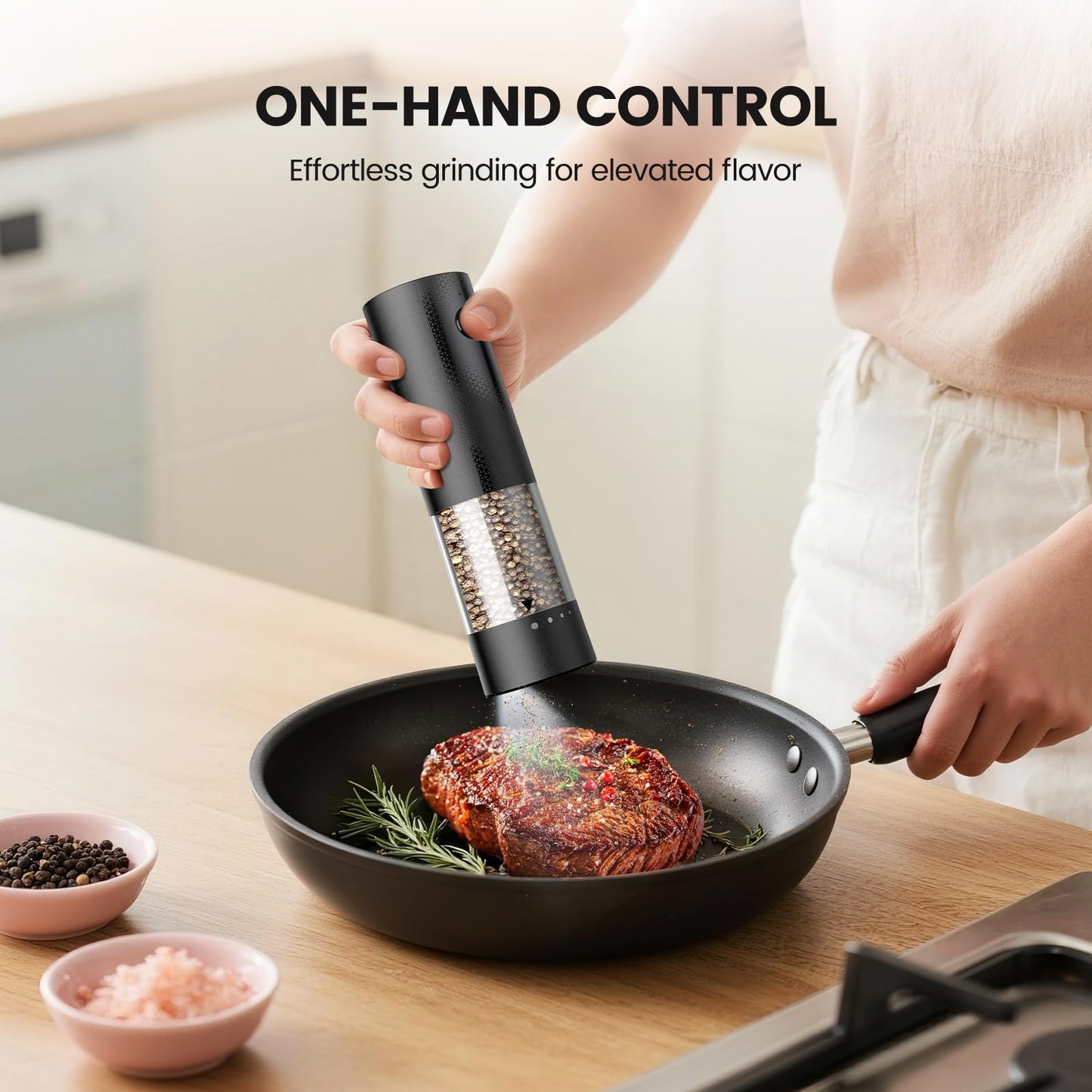 Electric Salt and Pepper Grinder Set - Rechargeable Automatic Salt and Pepper Shakers, Kitchen Appliances with External Adjustable Coarseness, Larger Hopper for Cooking, Home Gifts(2 Pack,Black/White)