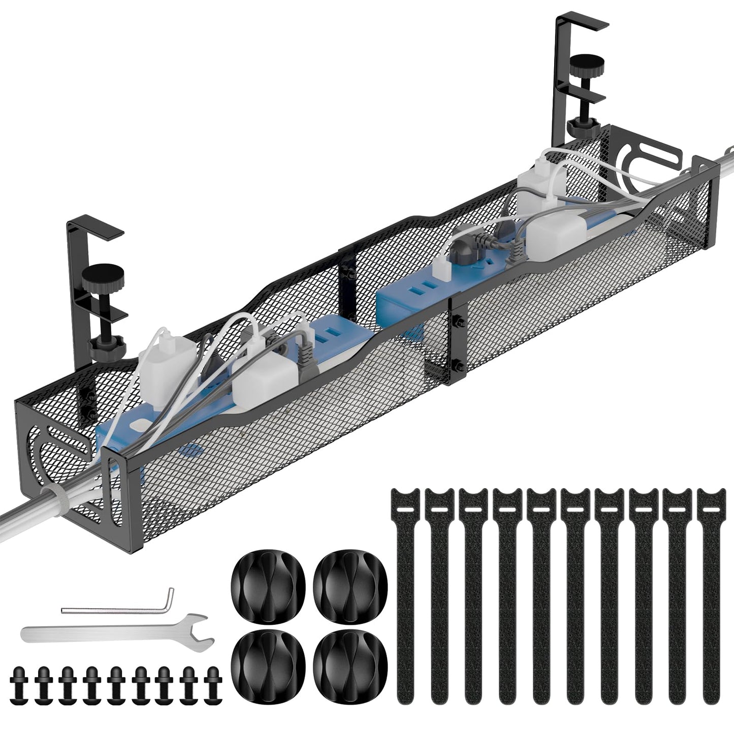 Under Desk Cable Management Tray, No Drill Steel Desk Cable Organizers, Wire Management Tray Cable Management Rack (24.4" Length-Black)