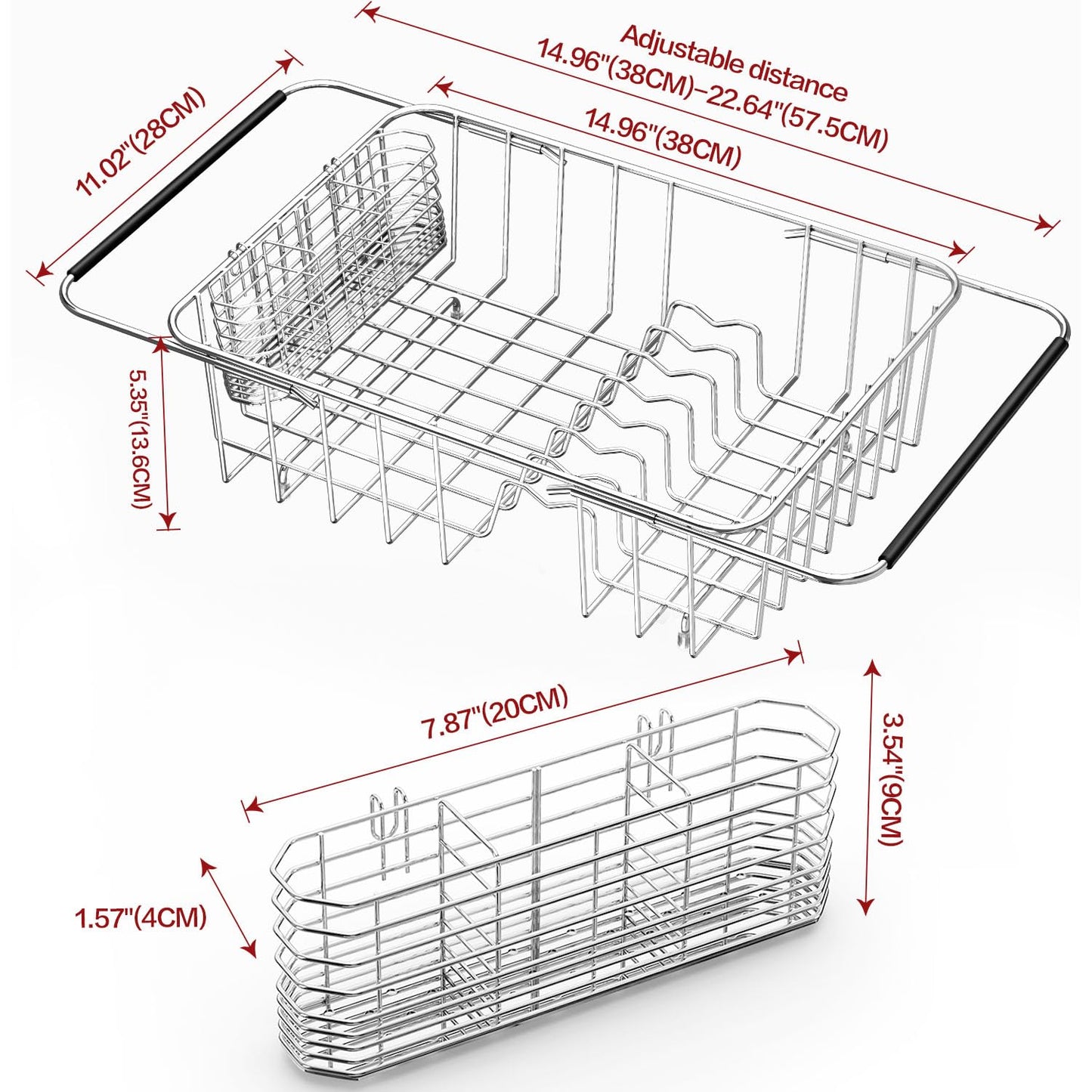 Fanbsy Large Dish Drainer Rack in Sink Adjustable, Expandable 304 Stainless Steel Metal Dish Drying Rack Organizer with Stainless Steel Utensil Holder Over Inside Sink Counter, Rustproof