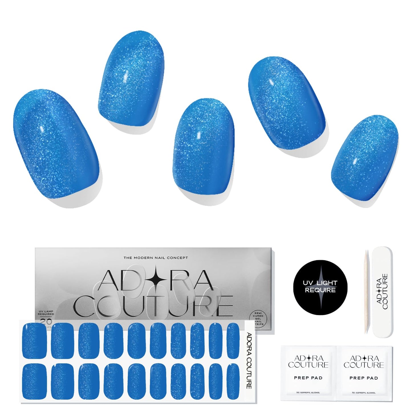 Adora Couture Semi Cured Gel Nail Strips with 20 Pieces - UV Gel Stickers, Manicure Kit, Easy Application Wraps Includes Prep Pads, Nail File, Wooden Stick - UV Light Required (Velvet Sapphire)
