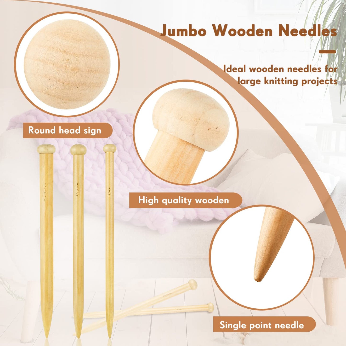 MTLEE 6 Pcs Large Knitting Needles Jumbo Straight Wooden Knitting Needles 3 Sizes Extra Large Weaving Tool for Chunky Yarn Beginner DIY Fabric Crafts Crochet 15mm 20mm 25mm (Natural)